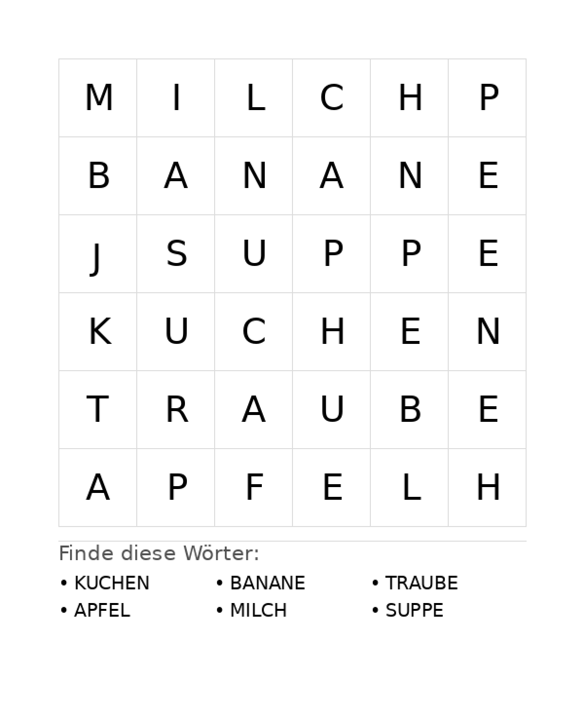 Wortsuchrätsel Wortsuchrätsel: Essen für Vorschule aus der Kategorie Wortsuchrätsel - kostenlos ausdrucken