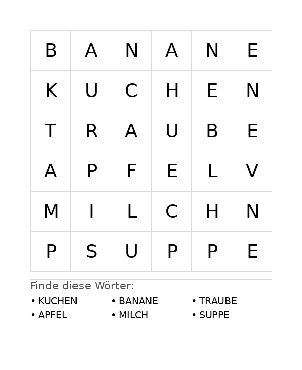 Wortsuchrätsel Wortsuchrätsel: Essen für Vorschule aus der Kategorie Wortsuchrätsel - kostenlos ausdrucken