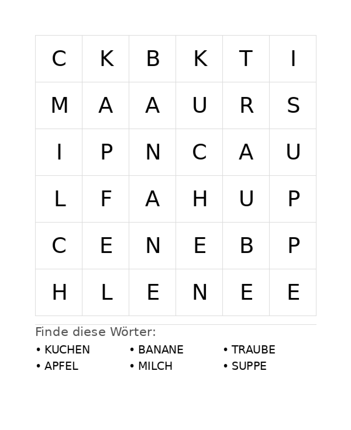Wortsuchrätsel Wortsuchrätsel: Essen für Vorschule aus der Kategorie Wortsuchrätsel - kostenlos ausdrucken
