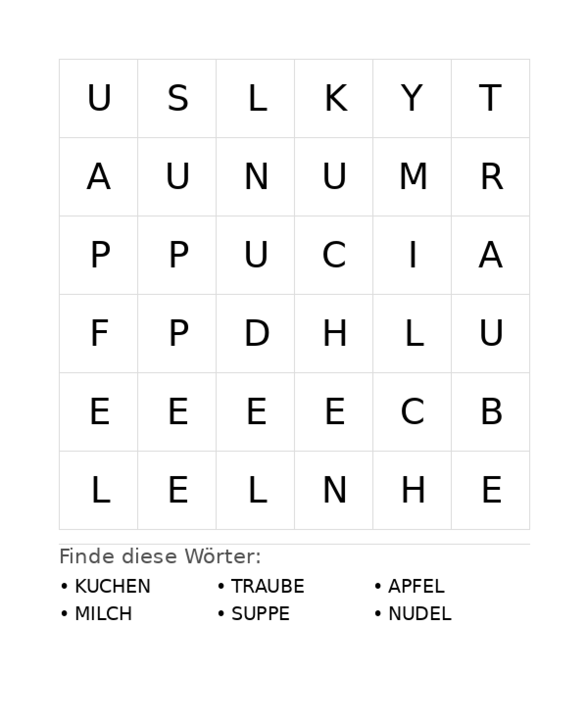 Wortsuchrätsel Wortsuchrätsel: Essen für Vorschule aus der Kategorie Wortsuchrätsel - kostenlos ausdrucken
