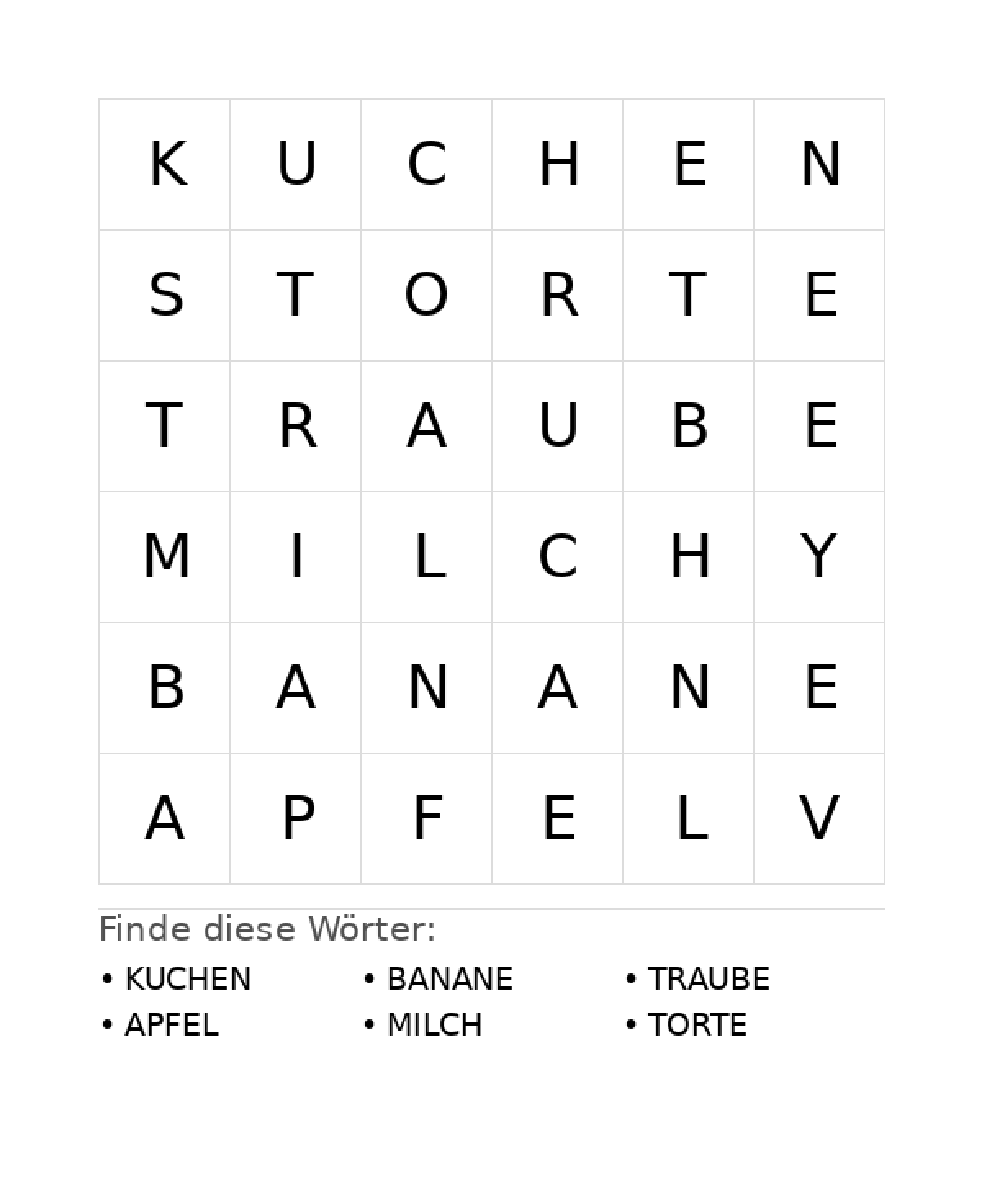 Wortsuchrätsel Wortsuchrätsel: Essen für Vorschule aus der Kategorie Wortsuchrätsel - kostenlos ausdrucken