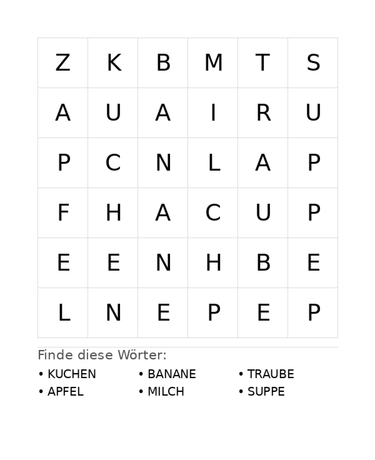 Wortsuchrätsel Wortsuchrätsel: Essen für Vorschule aus der Kategorie Wortsuchrätsel - kostenlos ausdrucken