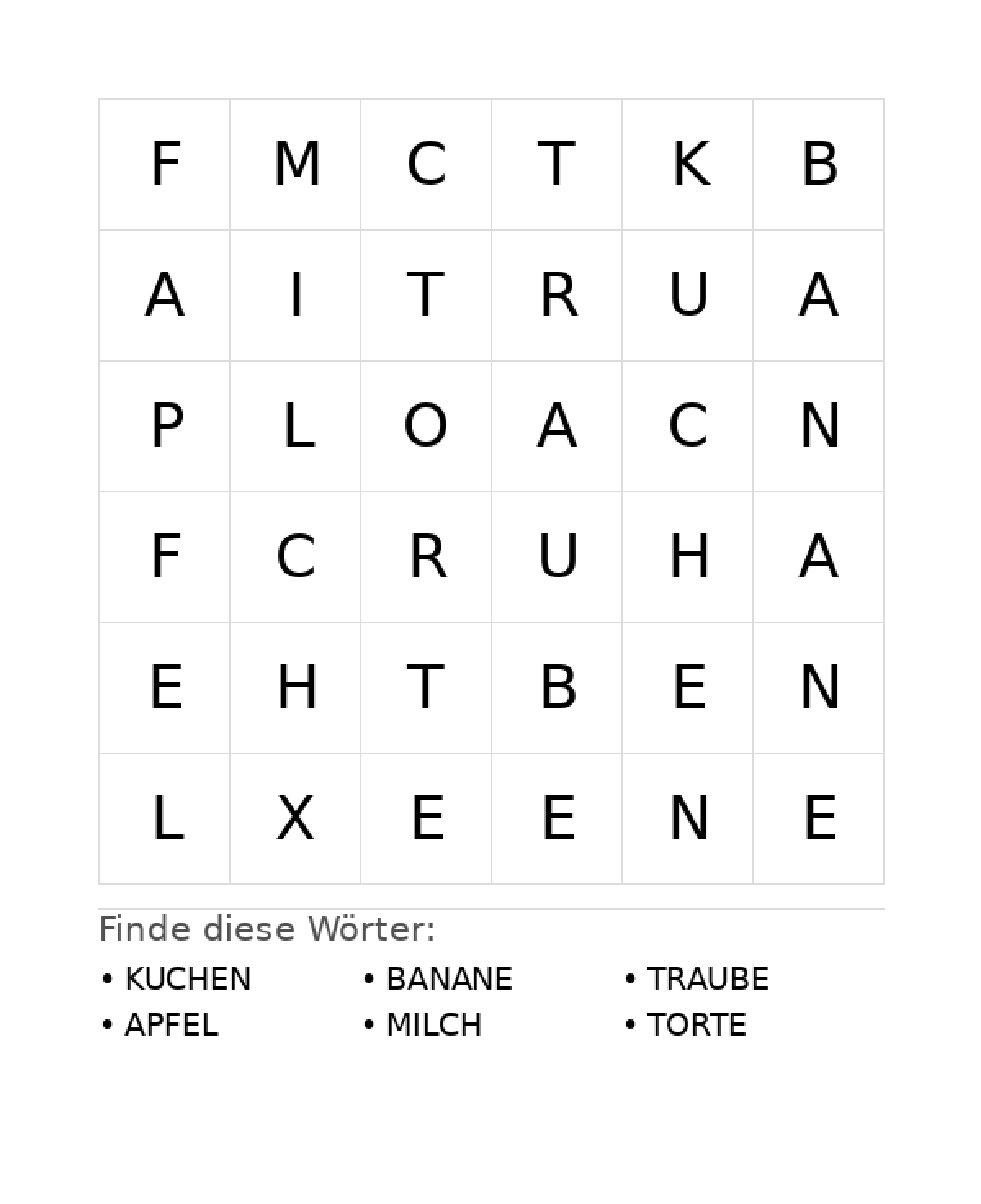Wortsuchrätsel Wortsuchrätsel: Essen für Vorschule aus der Kategorie Wortsuchrätsel - kostenlos ausdrucken