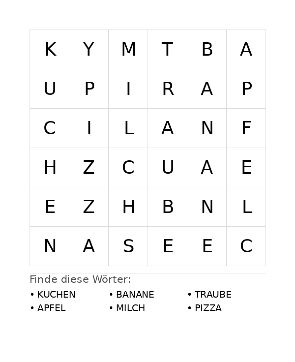 Wortsuchrätsel Wortsuchrätsel: Essen für Vorschule aus der Kategorie Wortsuchrätsel - kostenlos ausdrucken