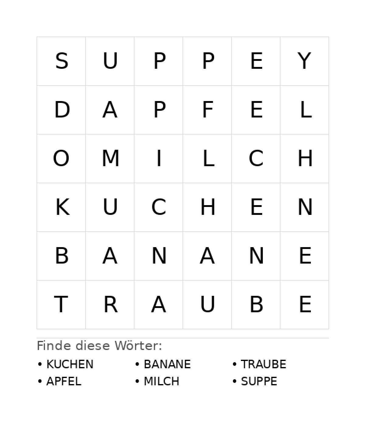 Wortsuchrätsel Wortsuchrätsel: Essen für Vorschule aus der Kategorie Wortsuchrätsel - kostenlos ausdrucken