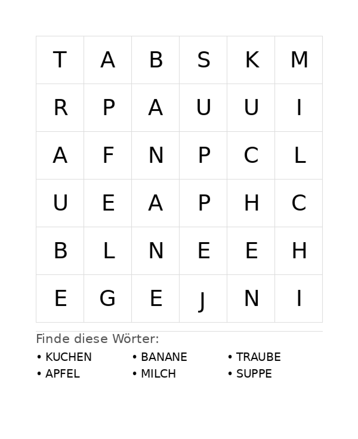 Wortsuchrätsel Wortsuchrätsel: Essen für Vorschule aus der Kategorie Wortsuchrätsel - kostenlos ausdrucken