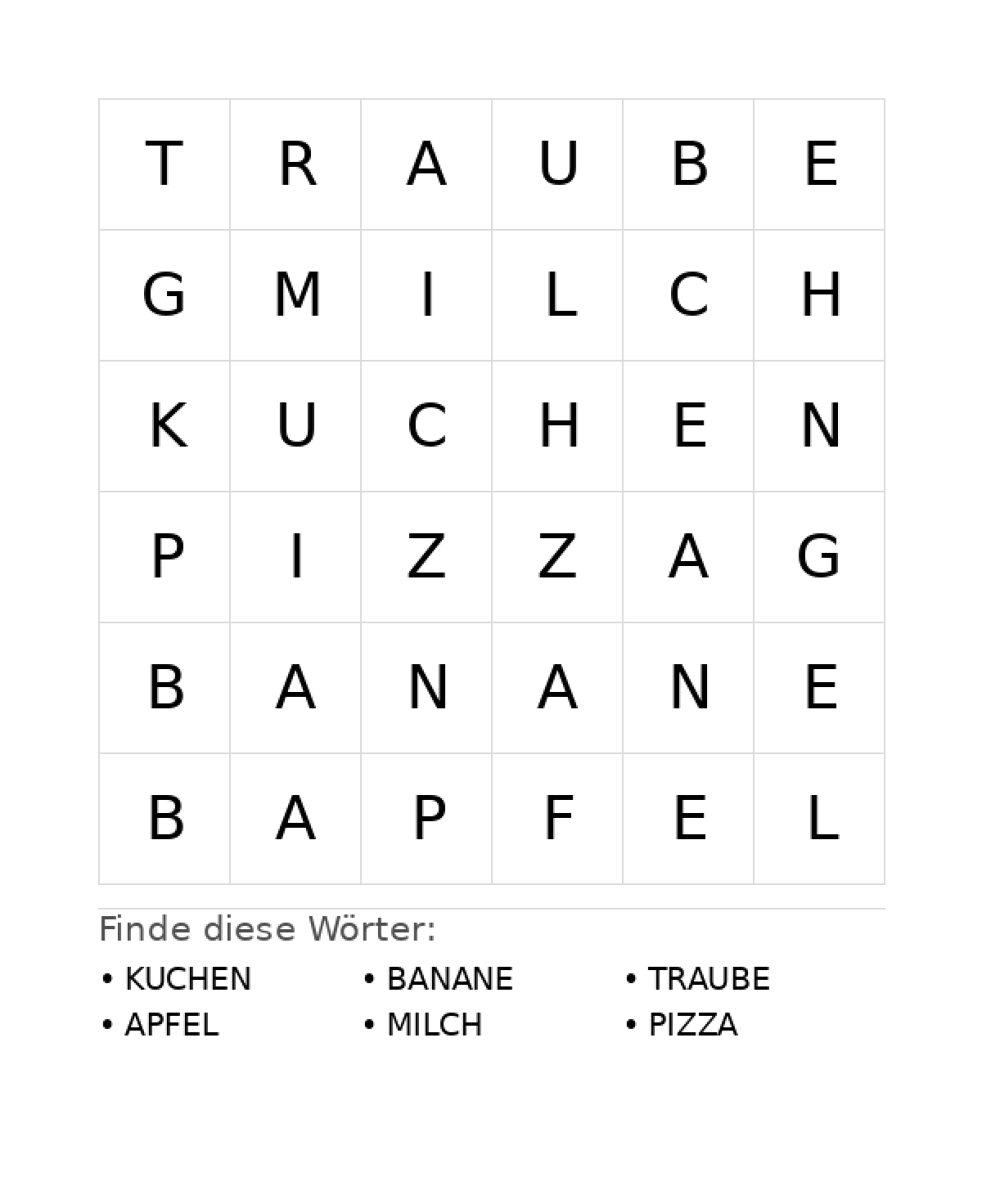 Wortsuchrätsel Wortsuchrätsel: Essen für Vorschule aus der Kategorie Wortsuchrätsel - kostenlos ausdrucken