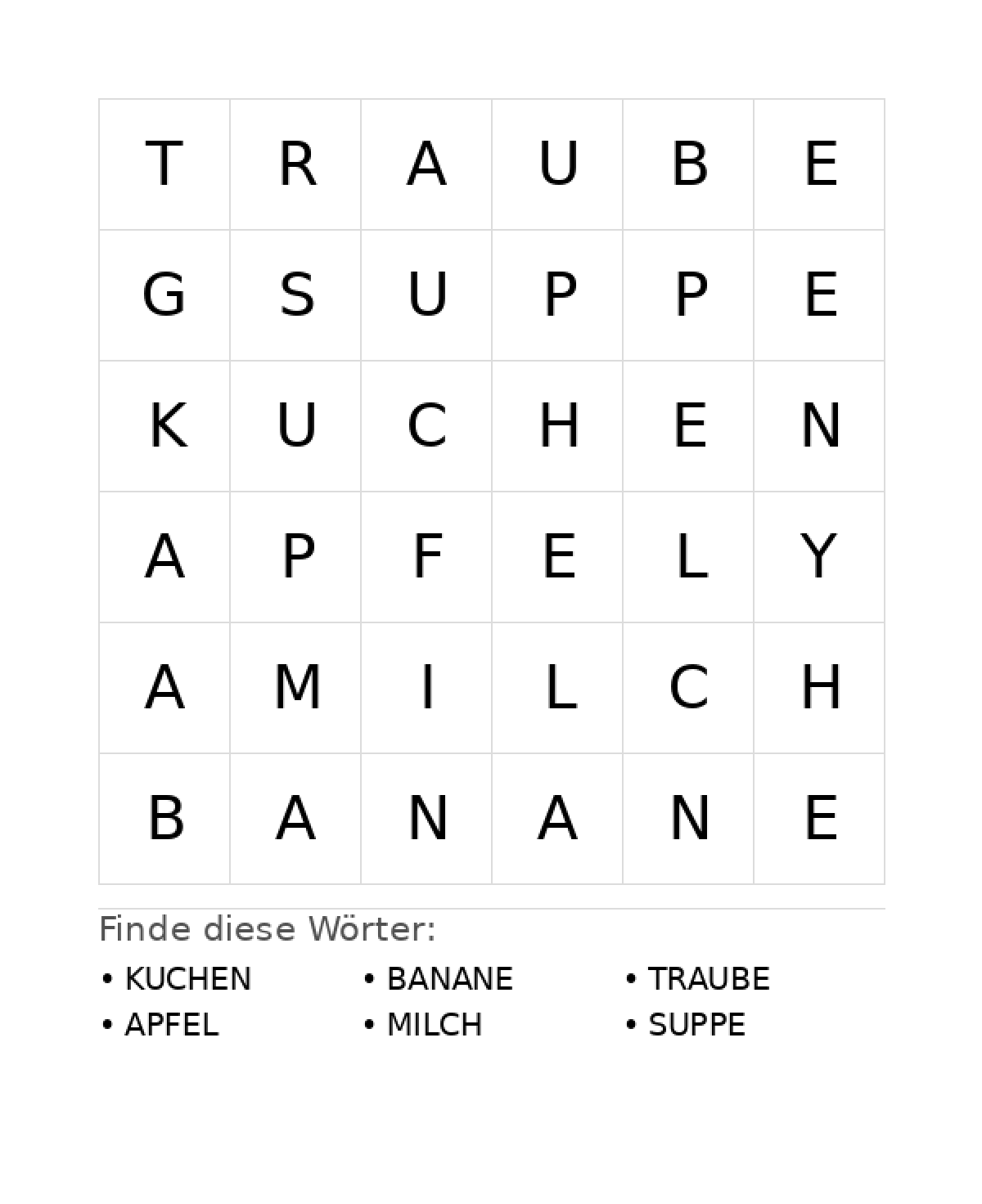 Wortsuchrätsel Wortsuchrätsel: Essen für Vorschule aus der Kategorie Wortsuchrätsel - kostenlos ausdrucken
