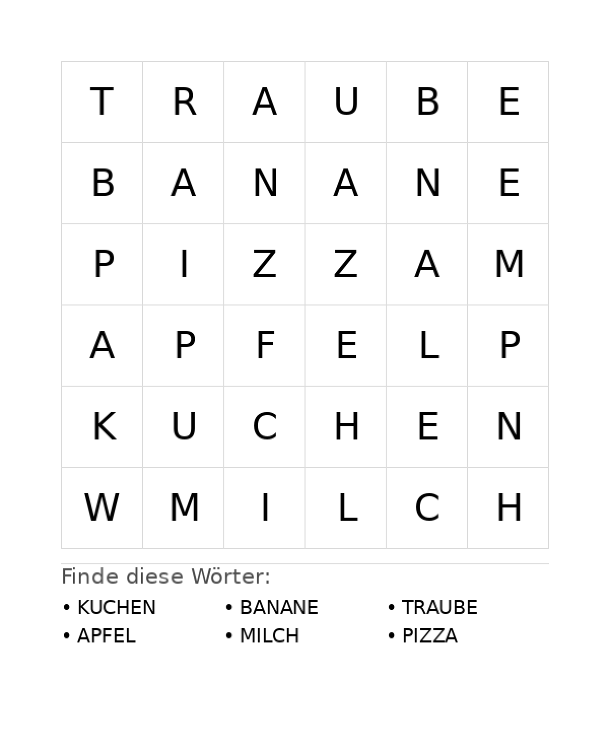 Wortsuchrätsel Wortsuchrätsel: Essen für Vorschule aus der Kategorie Wortsuchrätsel - kostenlos ausdrucken
