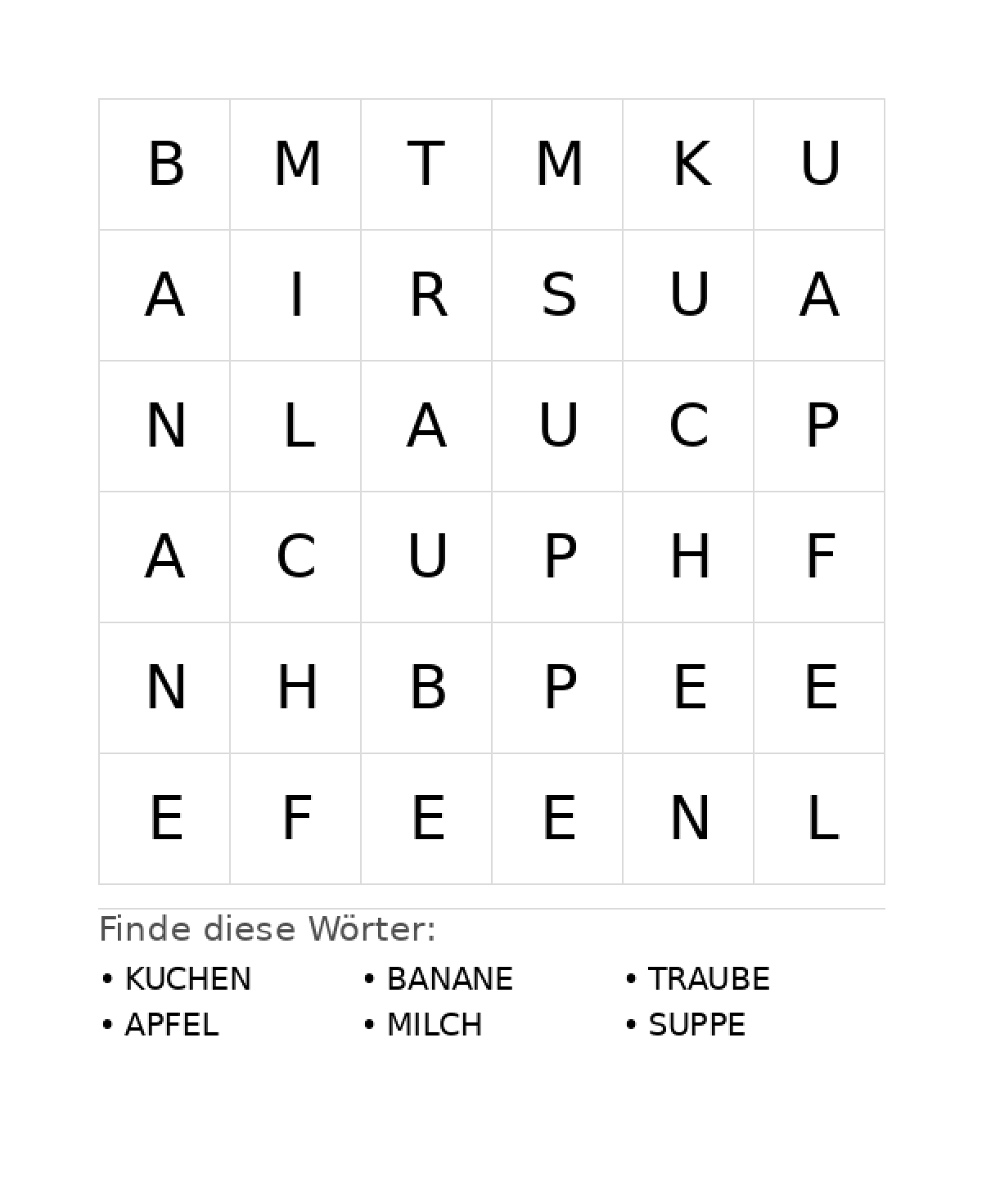 Wortsuchrätsel Wortsuchrätsel: Essen für Vorschule aus der Kategorie Wortsuchrätsel - kostenlos ausdrucken