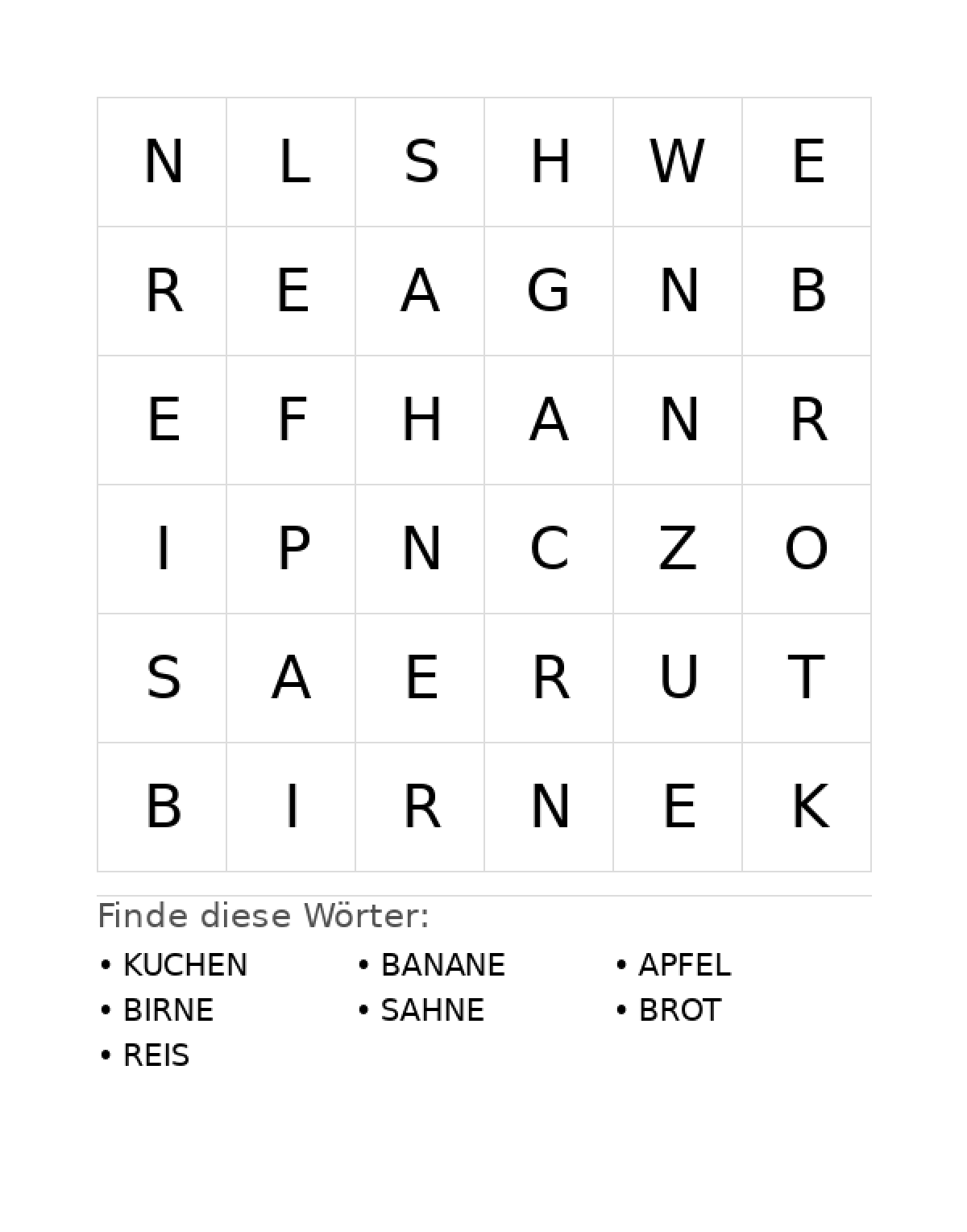 Wortsuchrätsel Wortsuchrätsel: Essen für Vorschule aus der Kategorie Wortsuchrätsel - kostenlos ausdrucken
