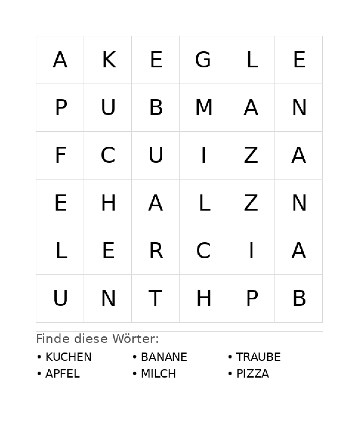 Wortsuchrätsel Wortsuchrätsel: Essen für Vorschule aus der Kategorie Wortsuchrätsel - kostenlos ausdrucken