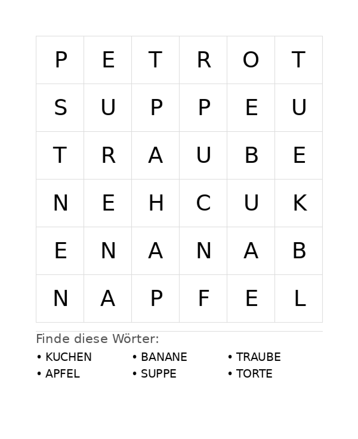 Wortsuchrätsel Wortsuchrätsel: Essen für Vorschule aus der Kategorie Wortsuchrätsel - kostenlos ausdrucken