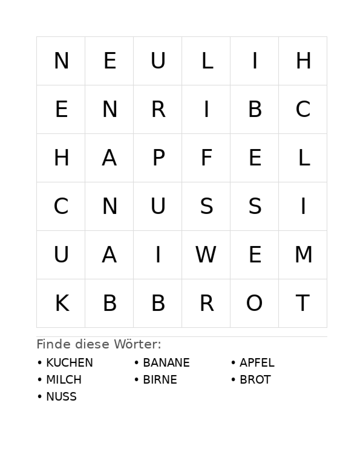 Wortsuchrätsel Wortsuchrätsel: Essen für Vorschule aus der Kategorie Wortsuchrätsel - kostenlos ausdrucken