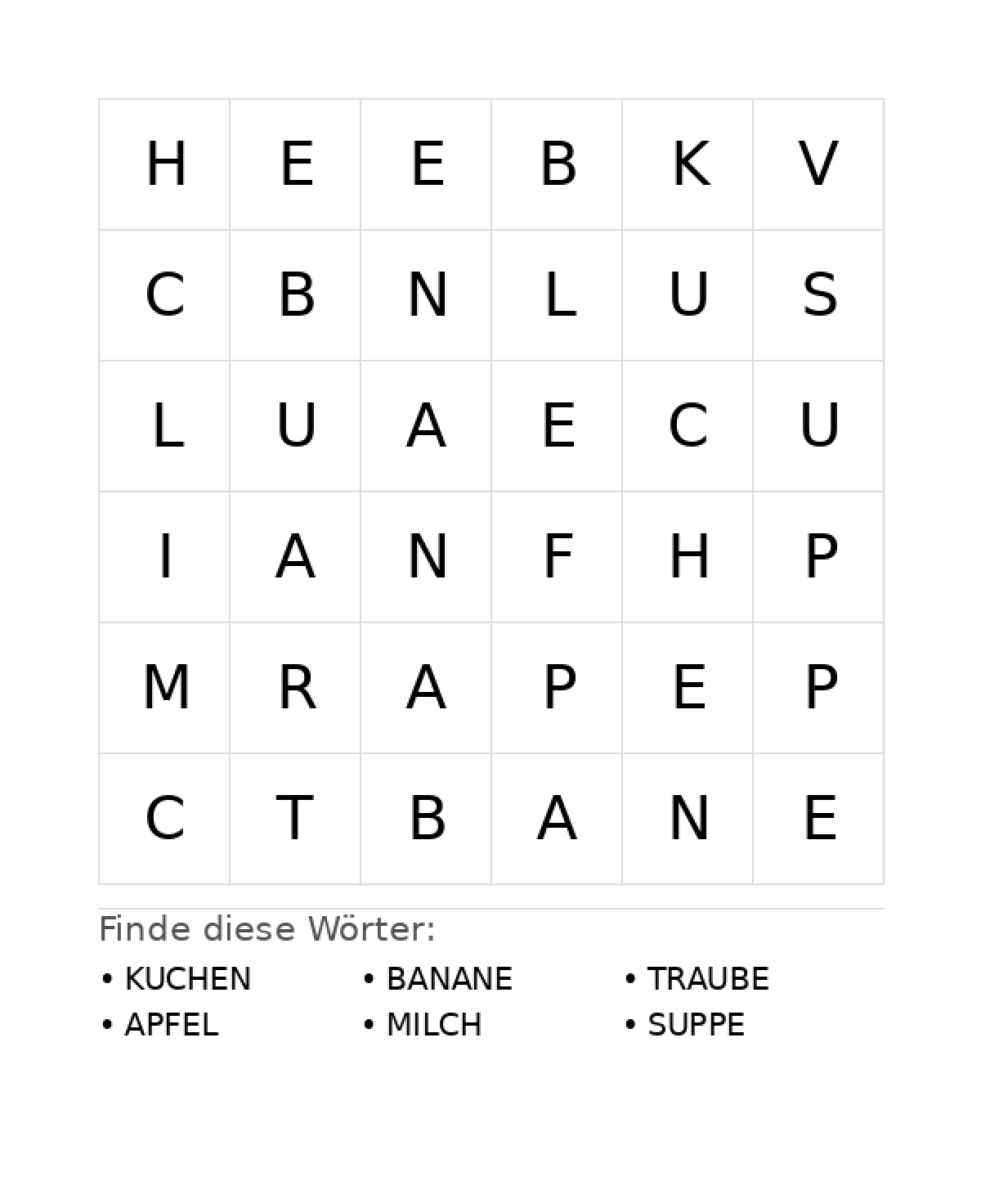 Wortsuchrätsel Wortsuchrätsel: Essen für Vorschule aus der Kategorie Wortsuchrätsel - kostenlos ausdrucken