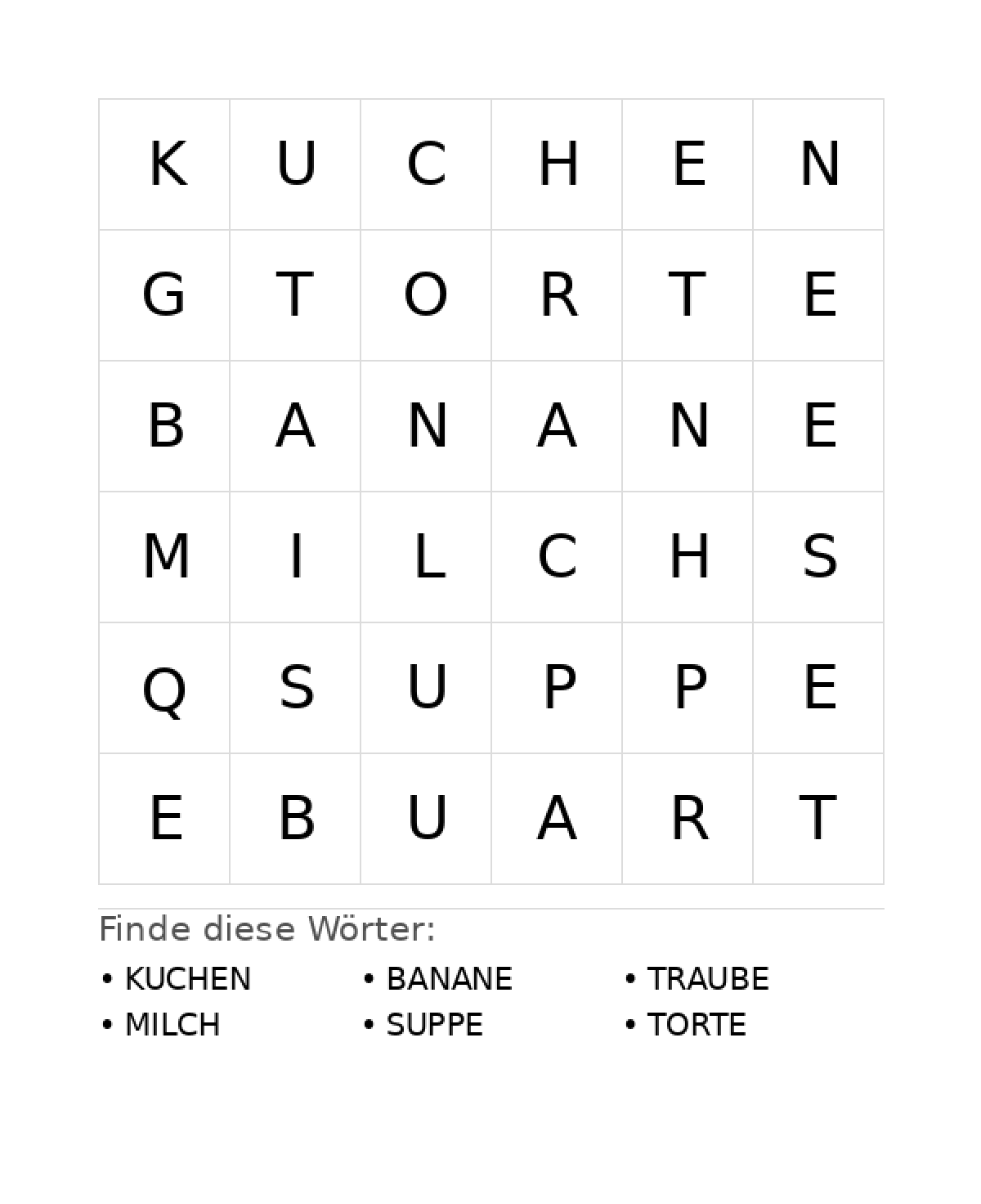 Wortsuchrätsel Wortsuchrätsel: Essen für Vorschule aus der Kategorie Wortsuchrätsel - kostenlos ausdrucken