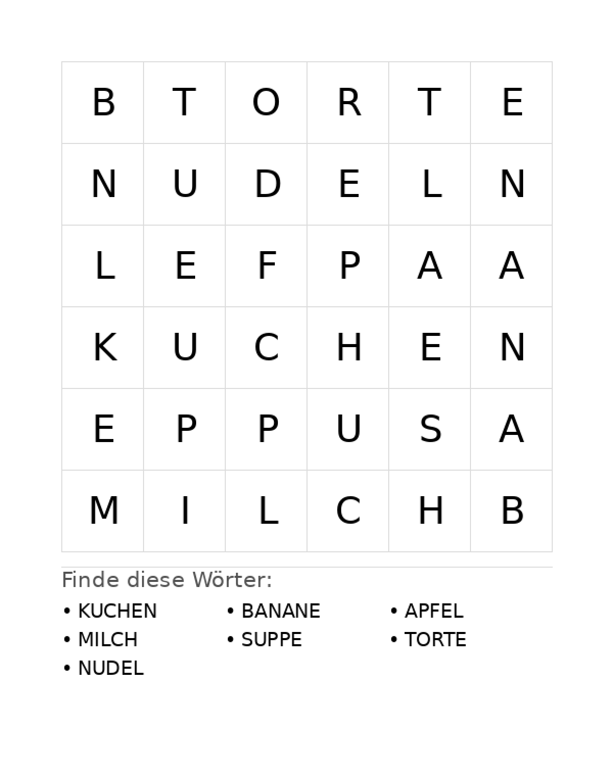 Wortsuchrätsel Wortsuchrätsel: Essen für Vorschule aus der Kategorie Wortsuchrätsel - kostenlos ausdrucken
