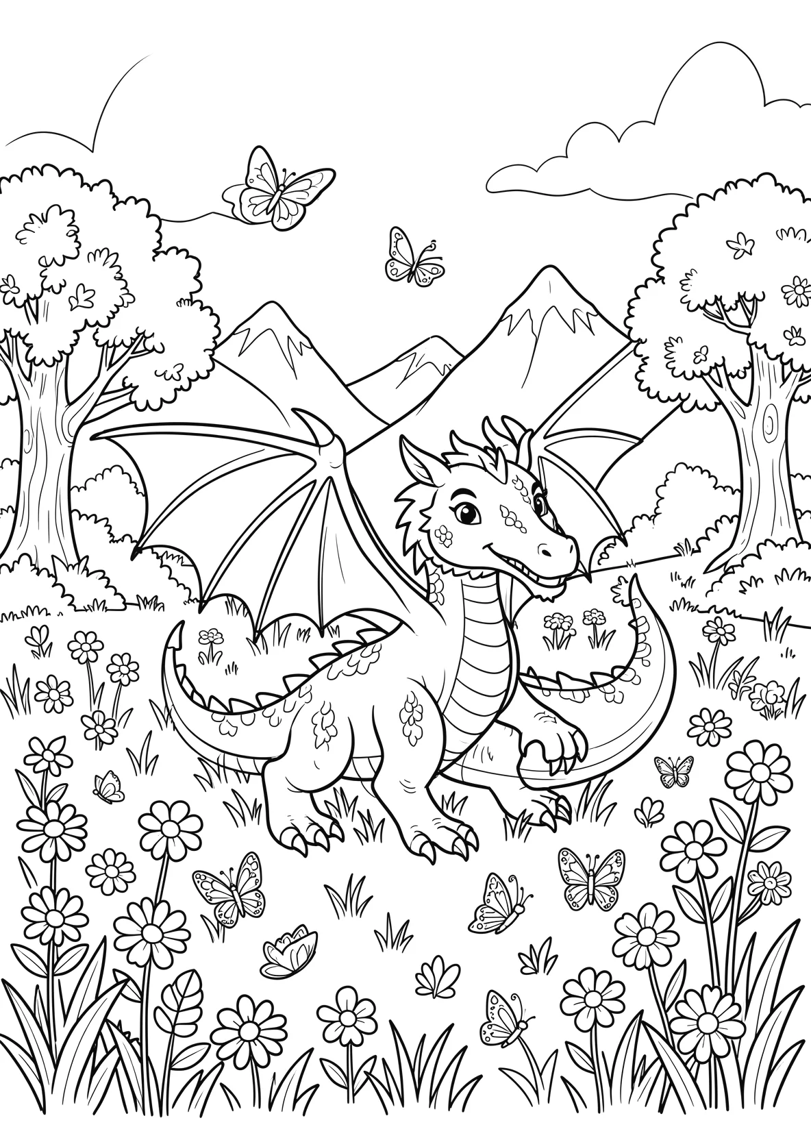 Ausmalbild Freundlicher Drache spielt auf einer Blumenwiese - Ausmalbild aus der Kategorie Tiere - kostenlos ausdrucken