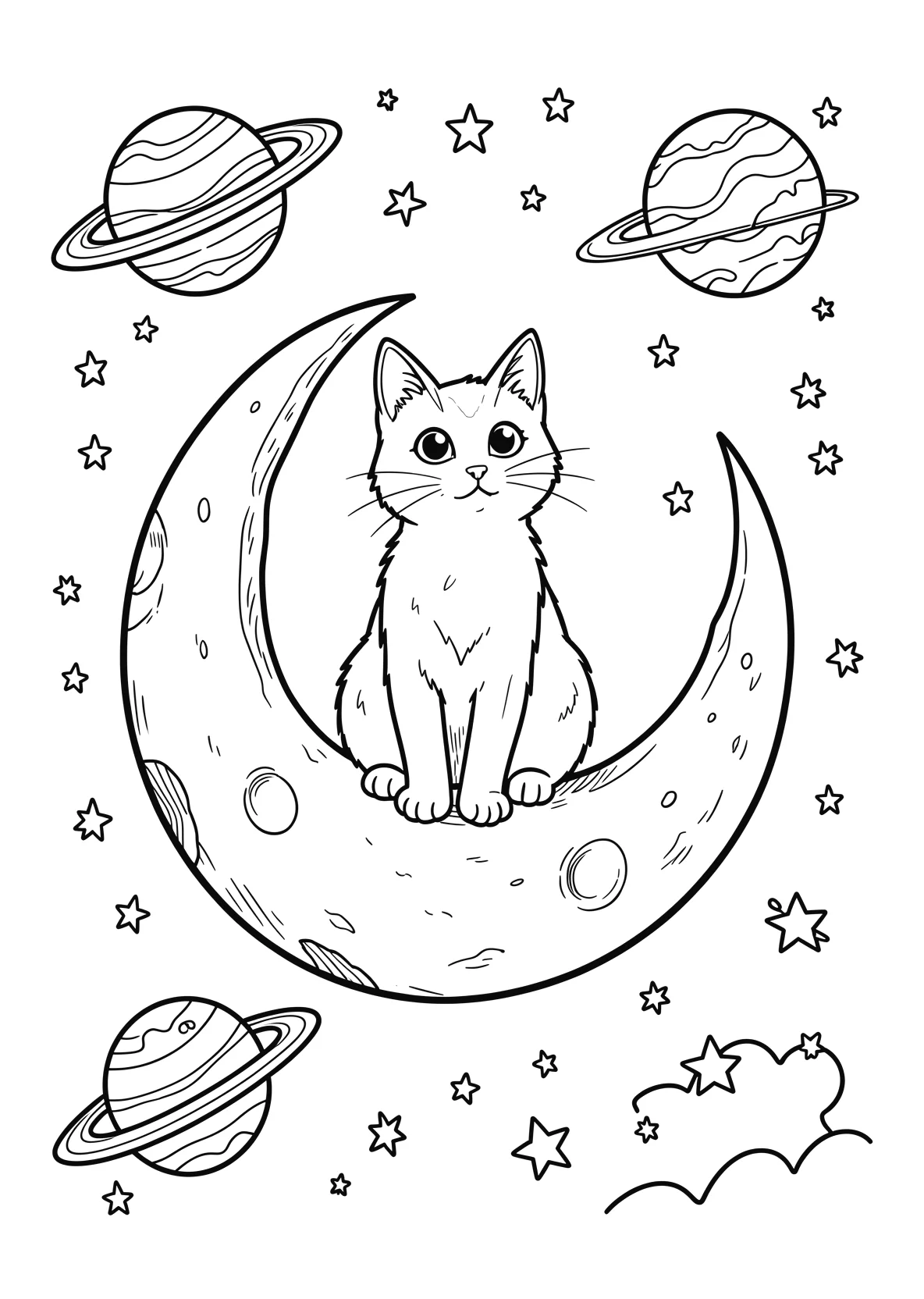 Ausmalbild Katze sitzt auf dem Mond und schaut die Sterne an - Ausmalbild aus der Kategorie Tiere - kostenlos ausdrucken