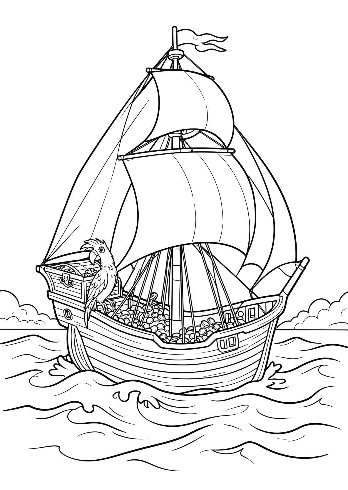 Ausmalbild Piratenschiff auf hoher See mit Papagei - Ausmalbild aus der Kategorie Maerchen - kostenlos ausdrucken