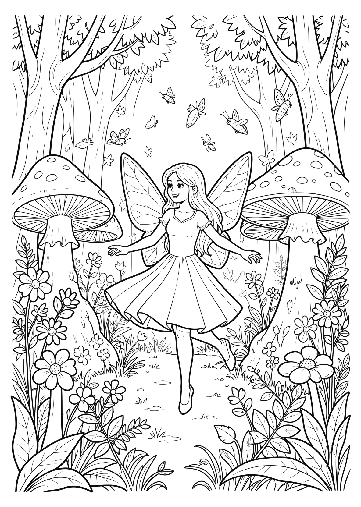 Ausmalbild Fee tanzt zwischen großen Pilzen im Wald mit - Ausmalbild aus der Kategorie Maerchen - kostenlos ausdrucken