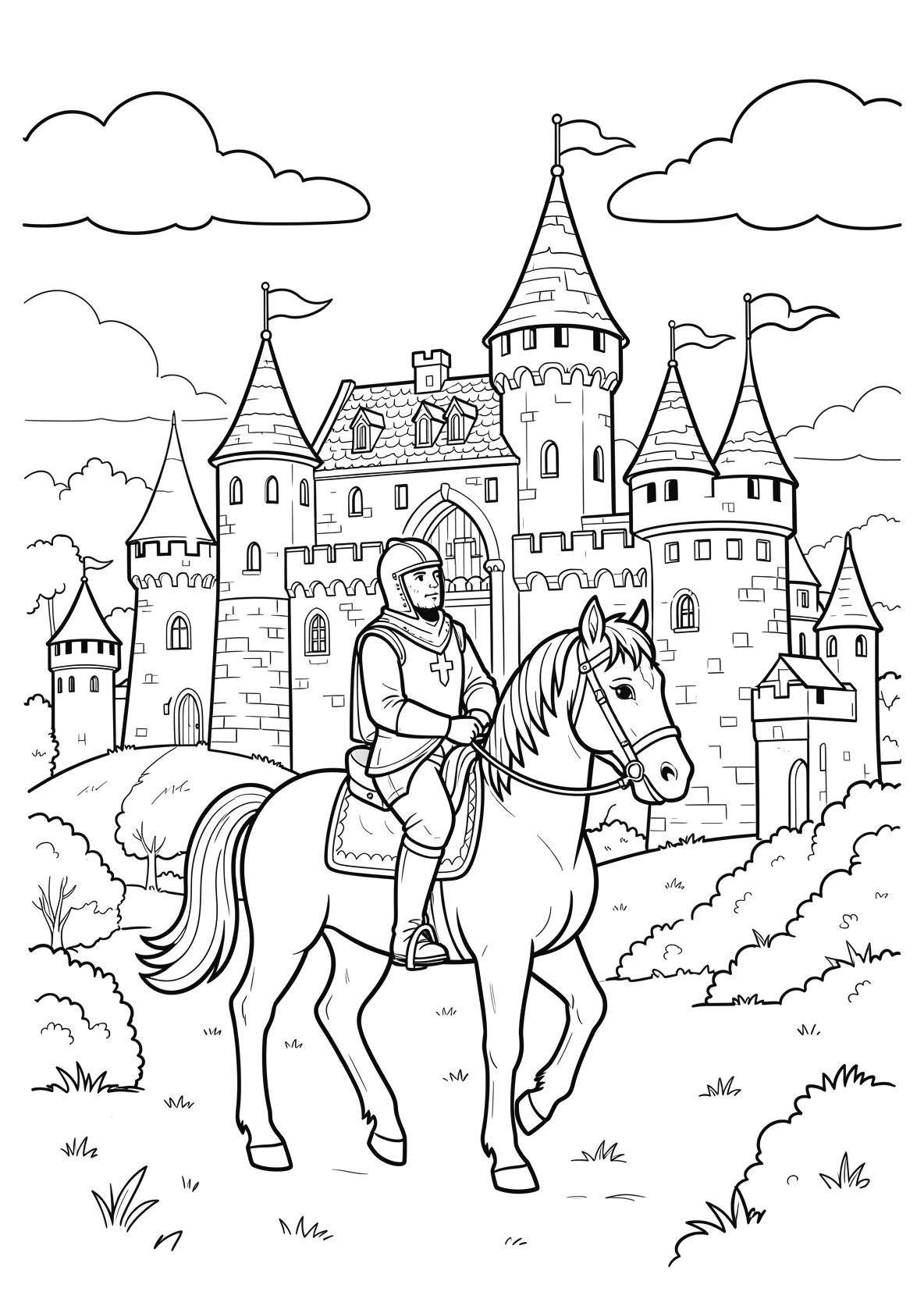Ausmalbild Ritter auf einem Pferd vor einer großen Burg mit - Ausmalbild aus der Kategorie Maerchen - kostenlos ausdrucken