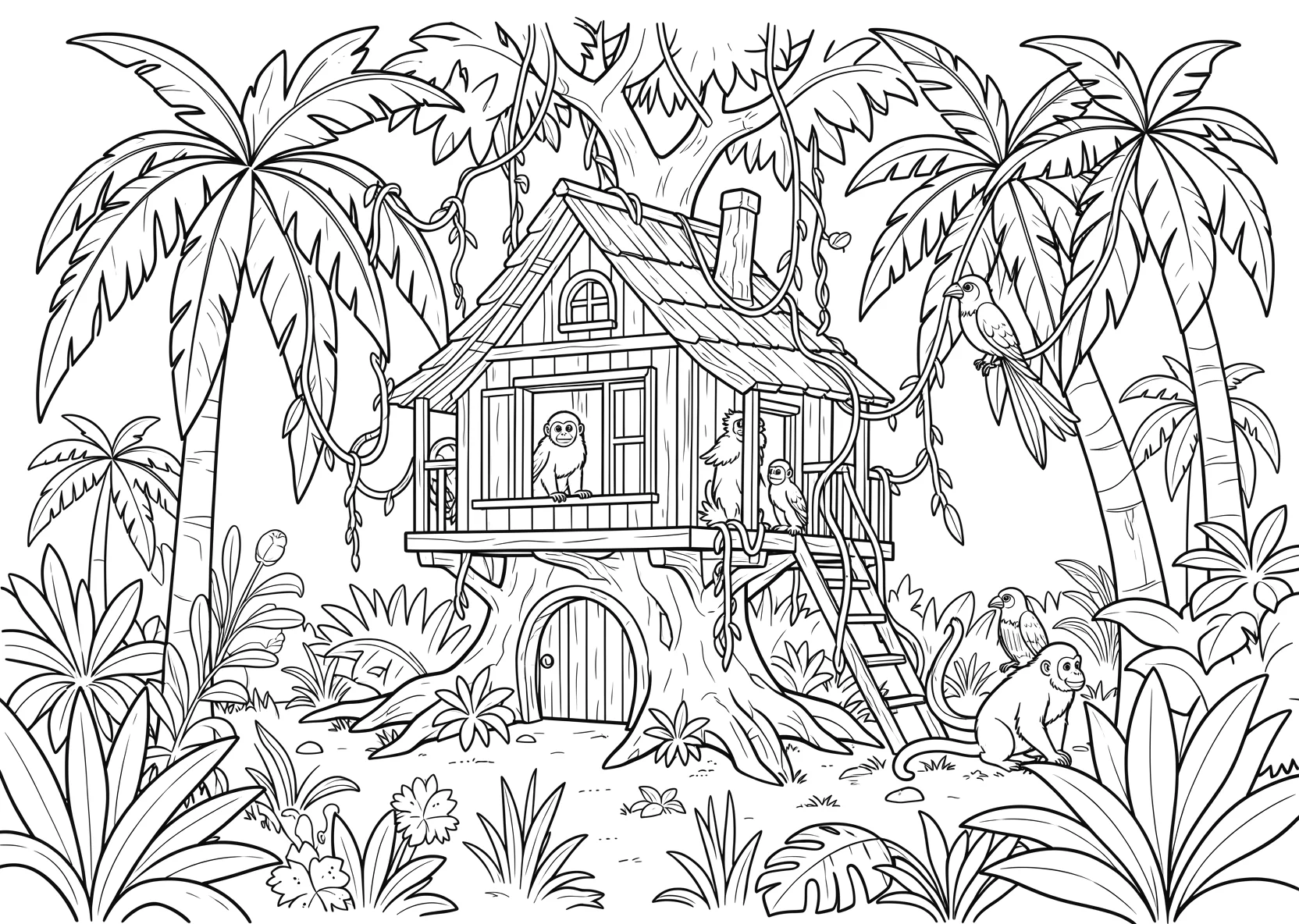 Ausmalbild Baumhaus im Dschungel mit Affen - Ausmalbild aus der Kategorie Tiere - kostenlos ausdrucken