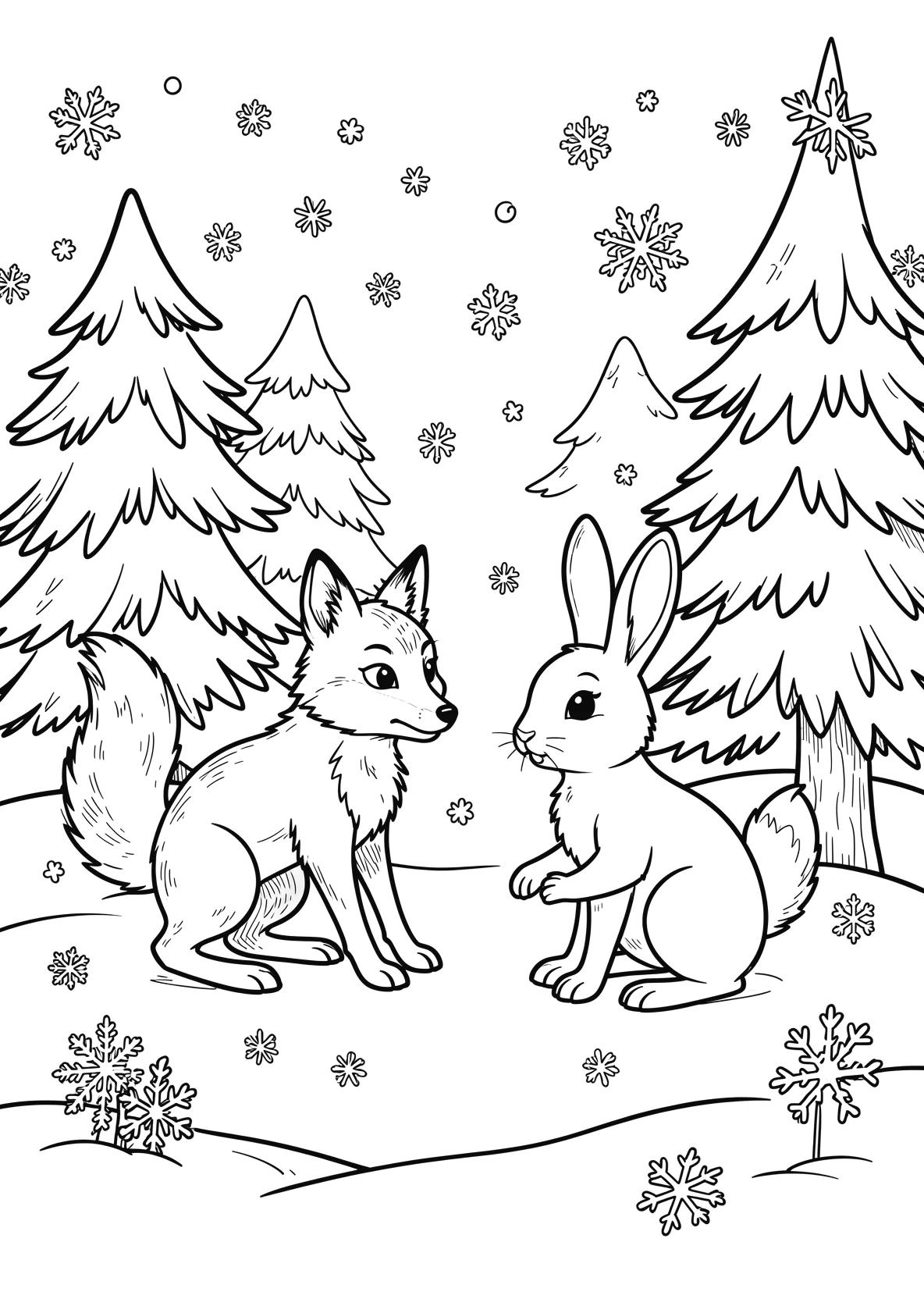 Ausmalbild Fuchs und ein Hase spielen zusammen im Schnee mit - Ausmalbild aus der Kategorie Tiere - kostenlos ausdrucken