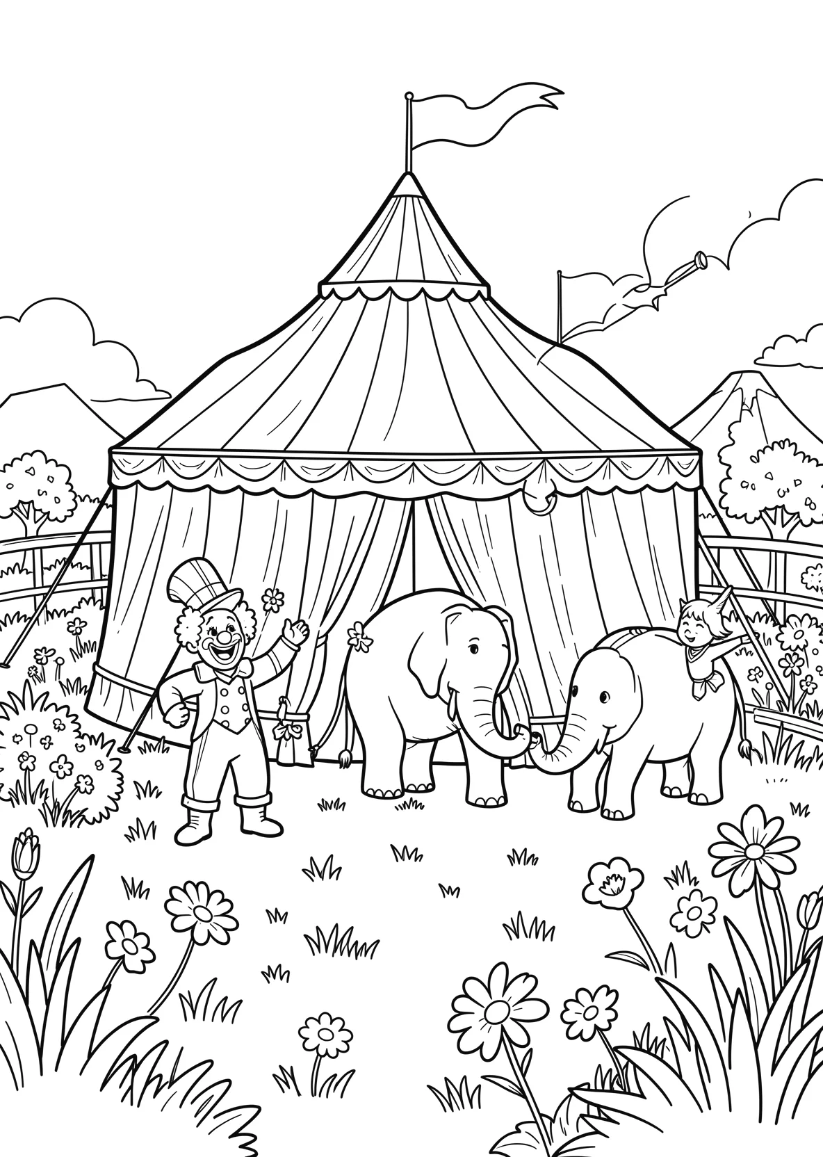 Ausmalbild Zirkuszelt mit Clown - Ausmalbild aus der Kategorie Tiere - kostenlos ausdrucken