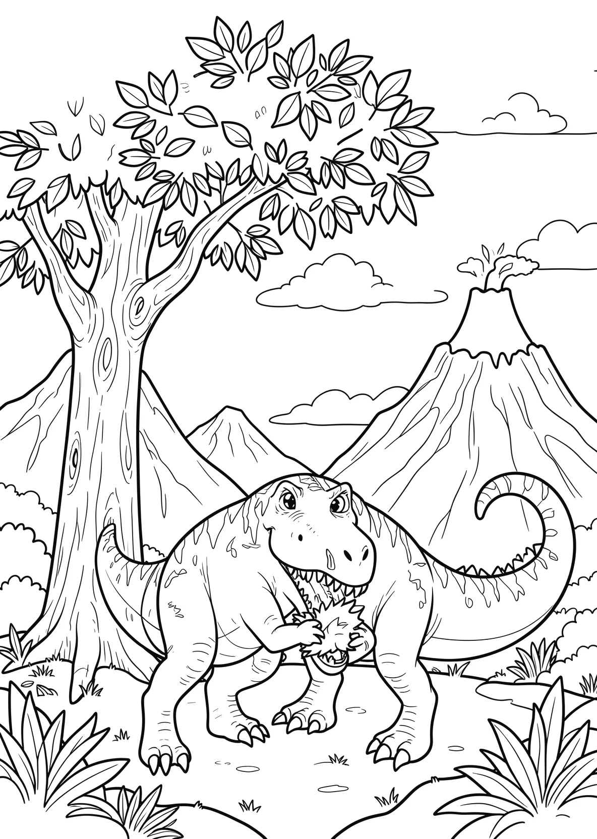 Ausmalbild Dinosaurier frisst Blätter von einem hohen Baum - Ausmalbild aus der Kategorie Tiere - kostenlos ausdrucken