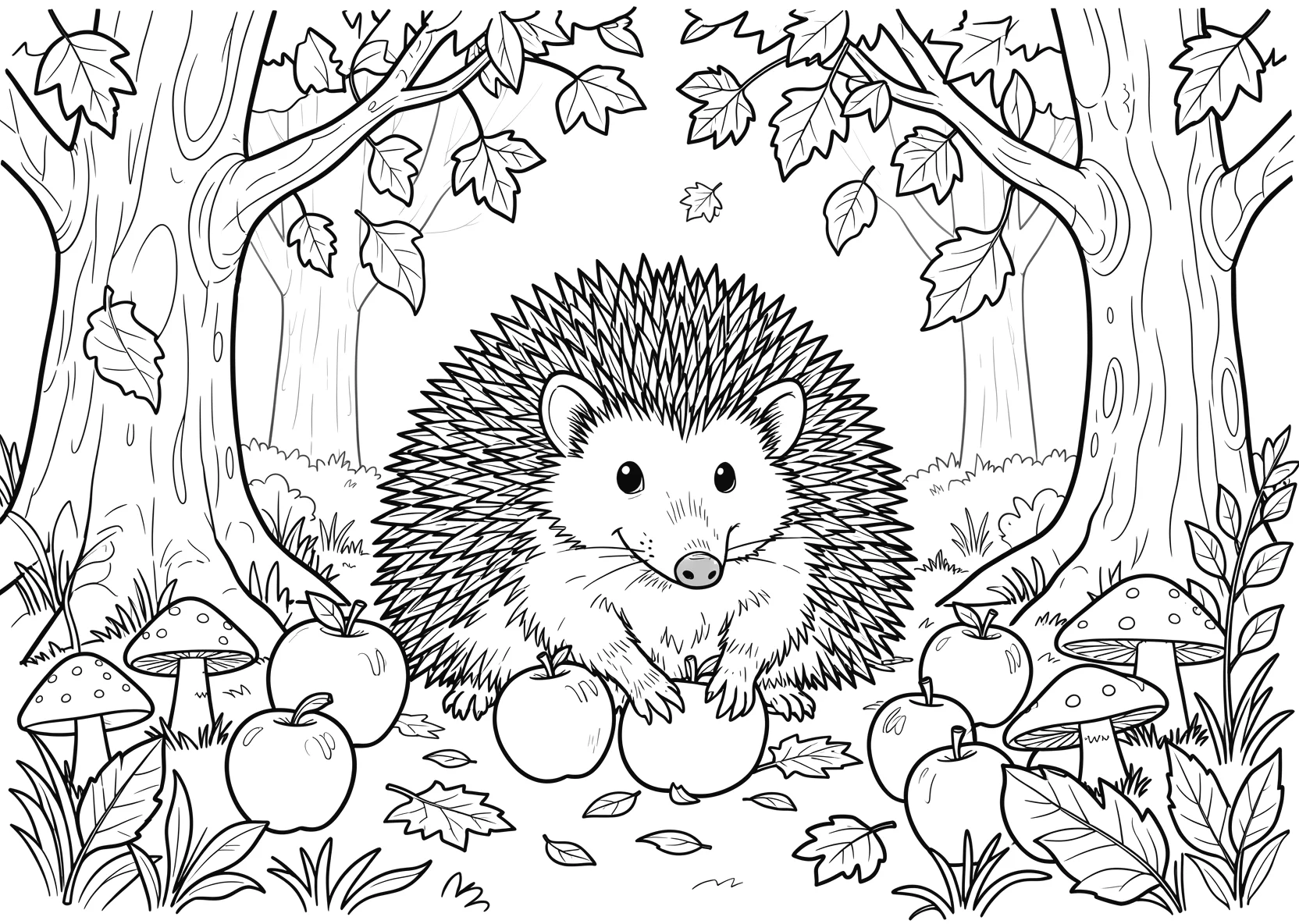 Ausmalbild Igel sammelt Äpfel im Herbstwald mit fallenden - Ausmalbild aus der Kategorie Natur - kostenlos ausdrucken
