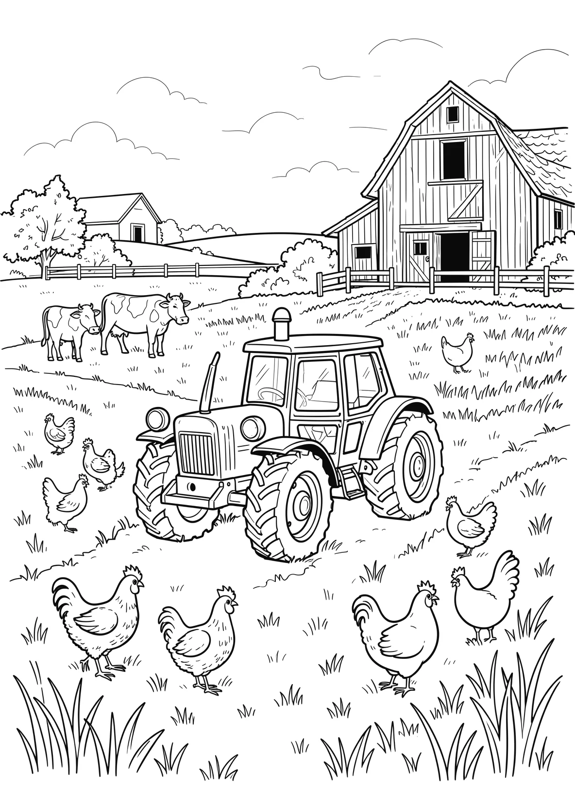 Ausmalbild Traktor auf einem Bauernhof mit Kühen - Ausmalbild aus der Kategorie Tiere - kostenlos ausdrucken