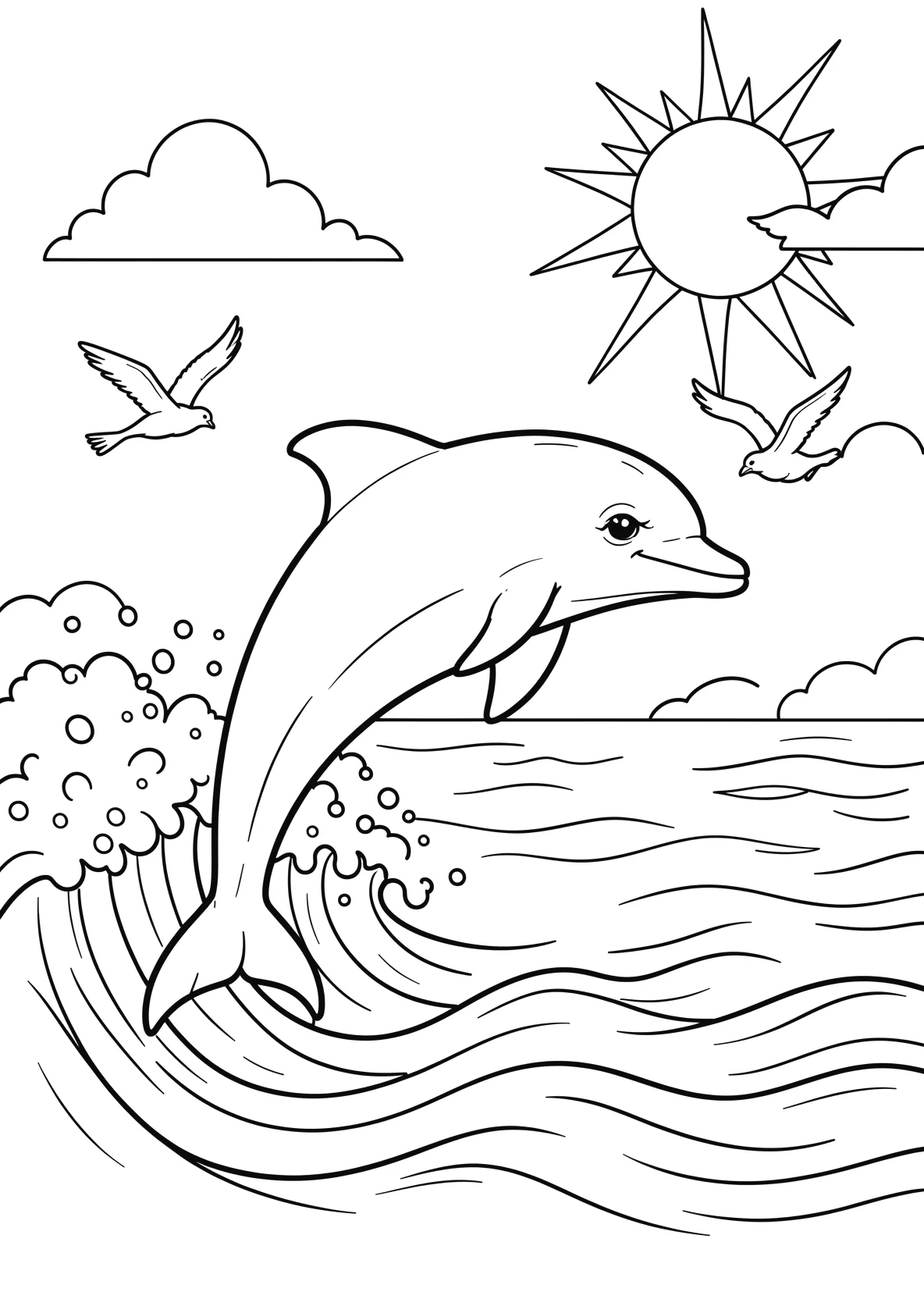 Ausmalbild Delfin springt über Wellen im Meer mit Möwen - Ausmalbild aus der Kategorie Tiere - kostenlos ausdrucken