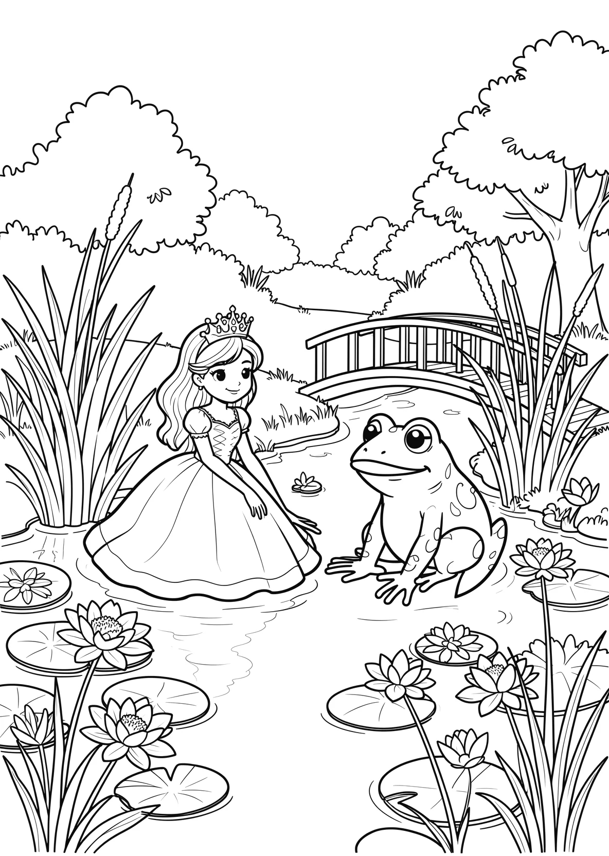Ausmalbild Prinzessin und ein Frosch sitzen am Teich mit - Ausmalbild aus der Kategorie Maerchen - kostenlos ausdrucken