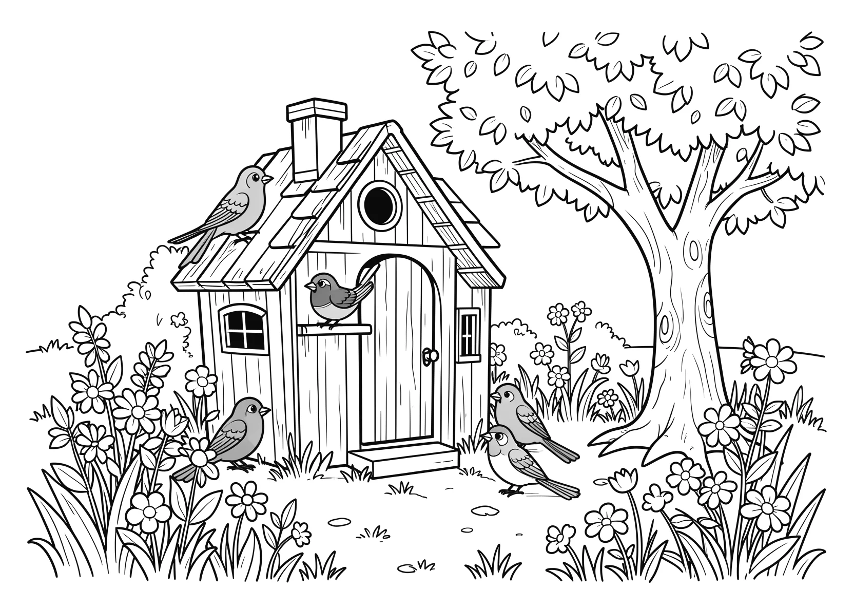 Ausmalbild Vogelhäuschen im Garten mit bunten Vögeln - Ausmalbild aus der Kategorie Natur - kostenlos ausdrucken