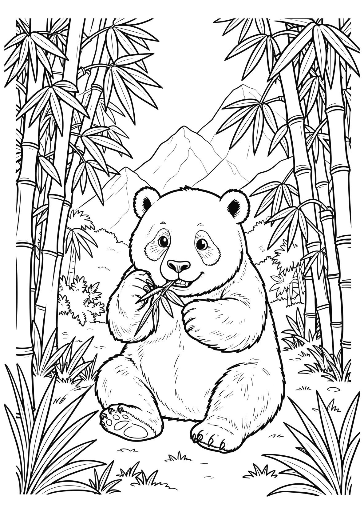 Ausmalbild Pandabär frisst Bambus im Bambuswald mit Bergen - Ausmalbild aus der Kategorie Tiere - kostenlos ausdrucken
