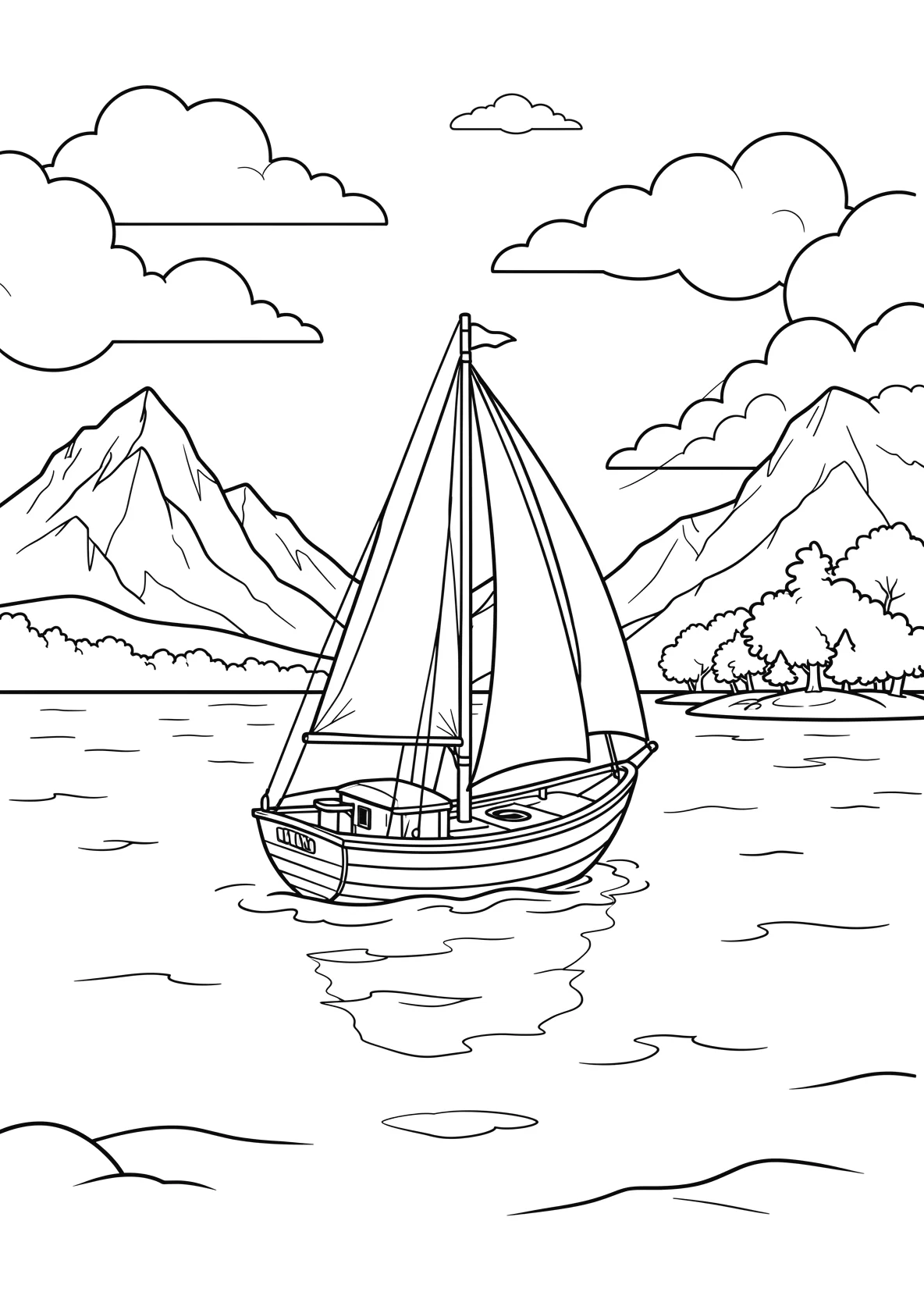 Ausmalbild Segelboot auf einem ruhigen See mit Bergen - Ausmalbild aus der Kategorie Natur - kostenlos ausdrucken