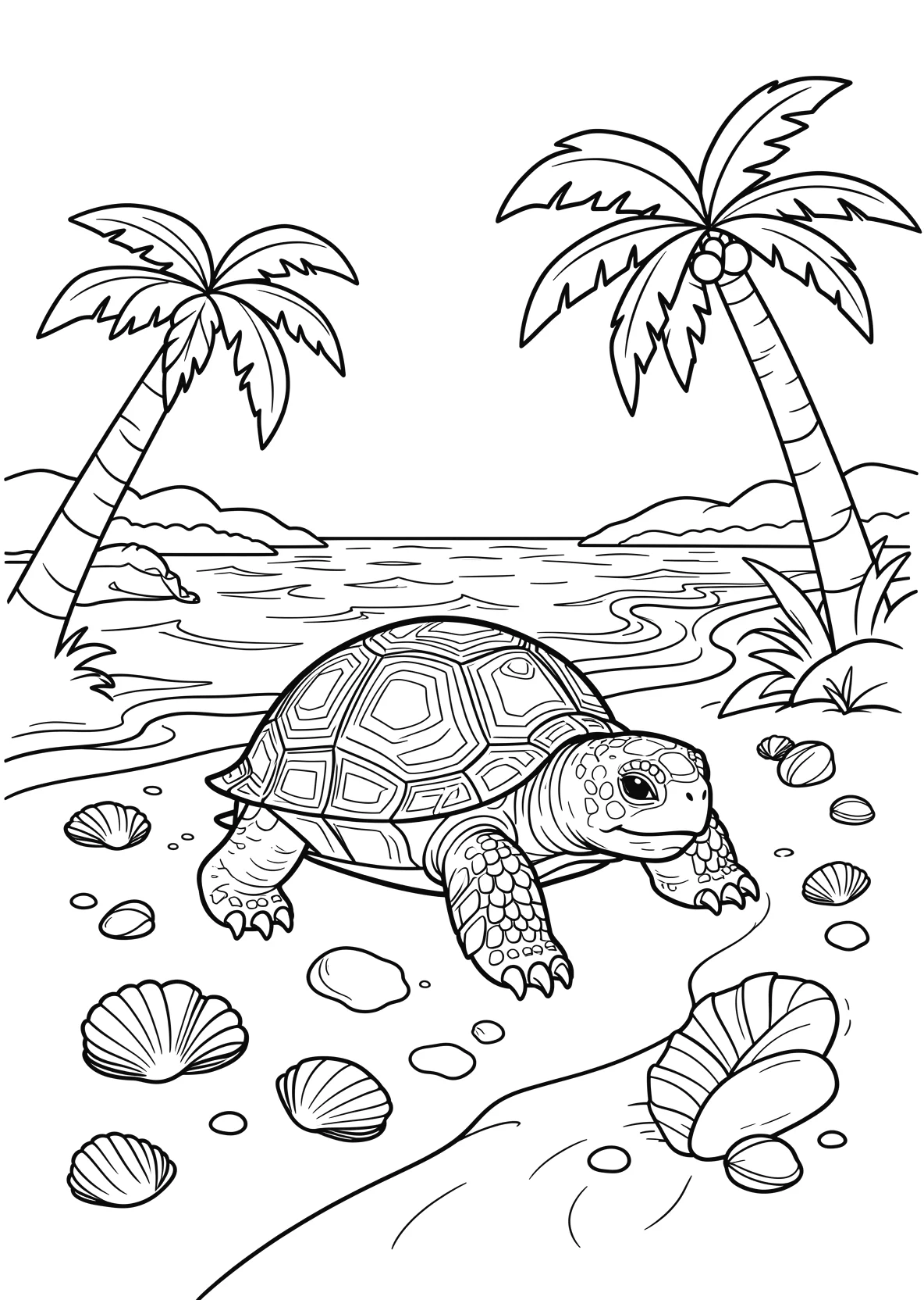 Ausmalbild Schildkröte am Strand mit Muscheln - Ausmalbild aus der Kategorie Tiere - kostenlos ausdrucken