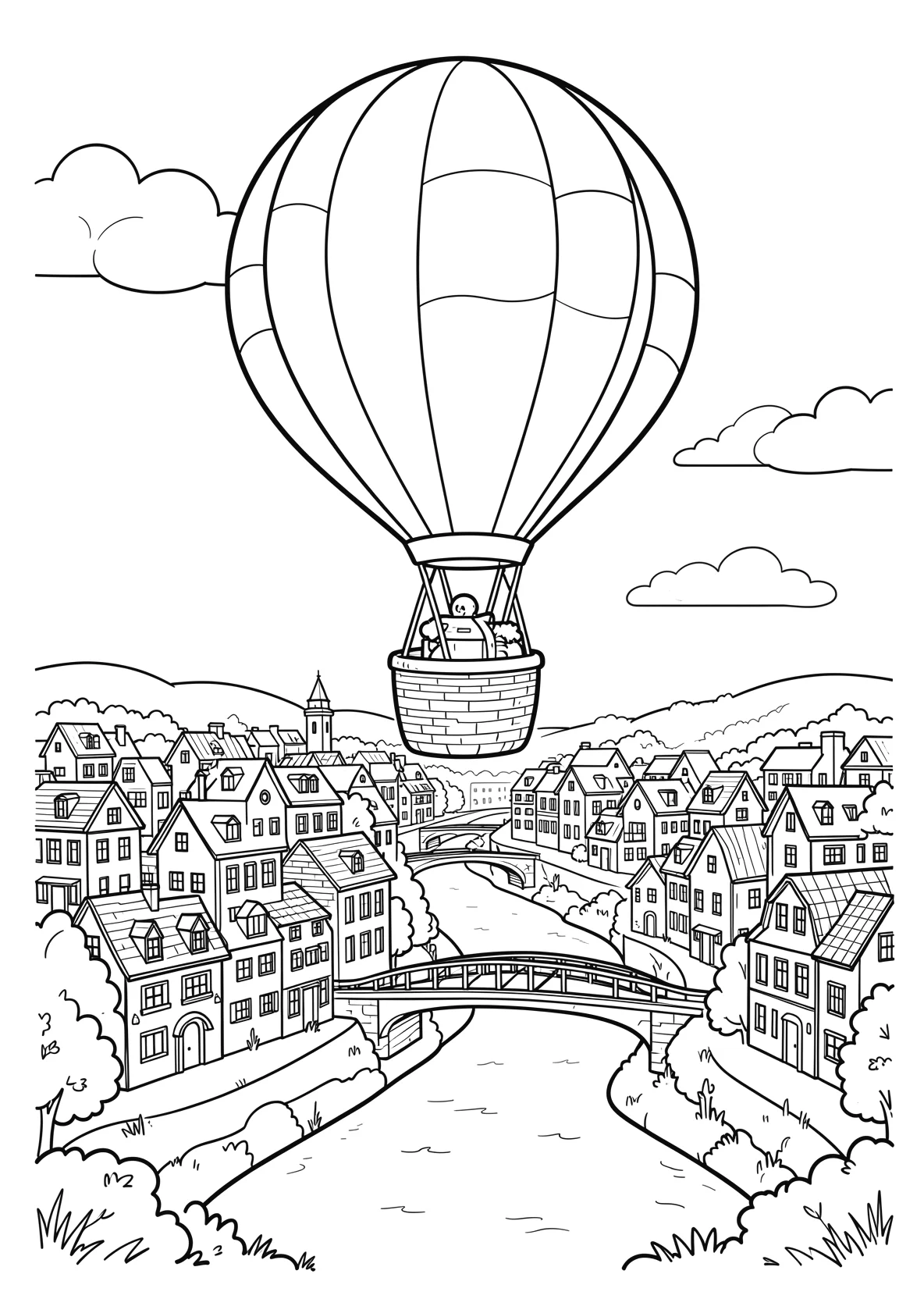 Ausmalbild Heißluftballon fliegt über eine Stadt mit Häusern - Ausmalbild aus der Kategorie Fahrzeuge - kostenlos ausdrucken