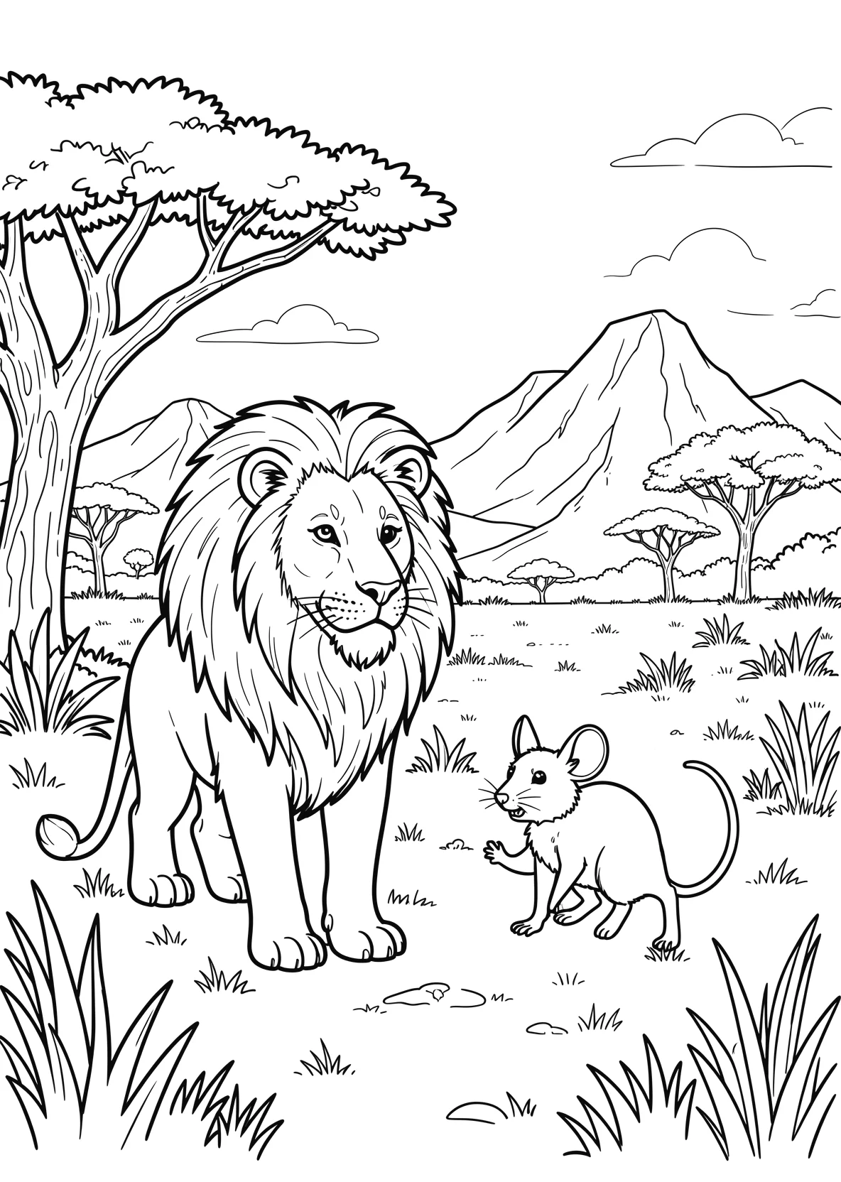 Ausmalbild Löwe und eine Maus als Freunde in - Ausmalbild aus der Kategorie Tiere - kostenlos ausdrucken