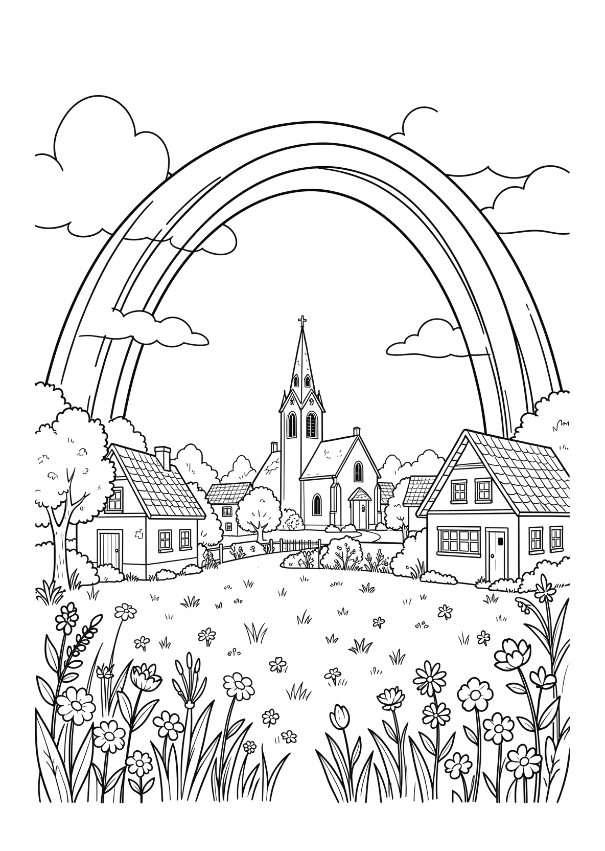 Ausmalbild Regenbogen über einem kleinen Dorf mit Kirche - Ausmalbild aus der Kategorie Natur - kostenlos ausdrucken