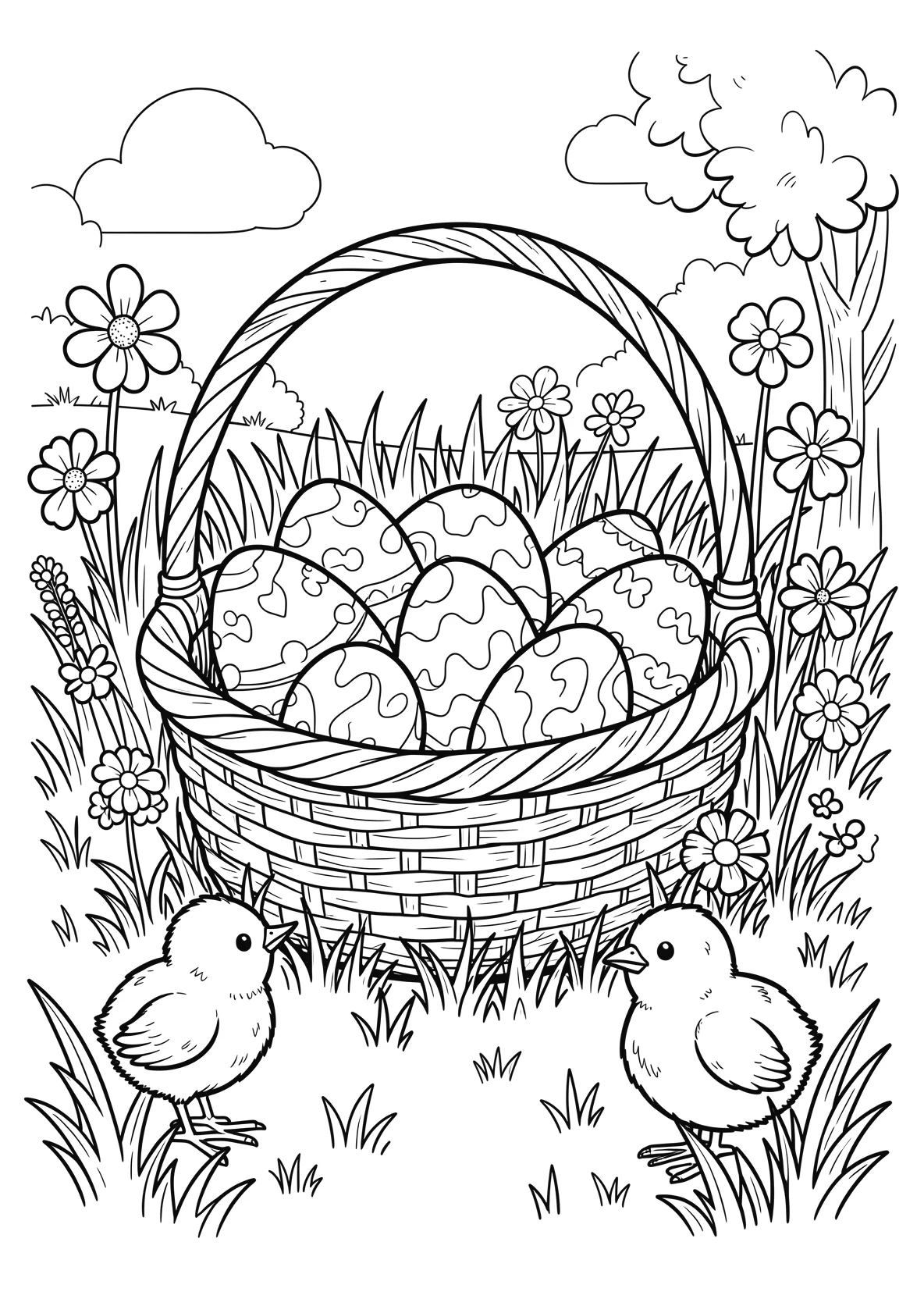 Ausmalbild Korb voller Ostereier im Garten mit Blumen - Ausmalbild aus der Kategorie Feiertage - kostenlos ausdrucken