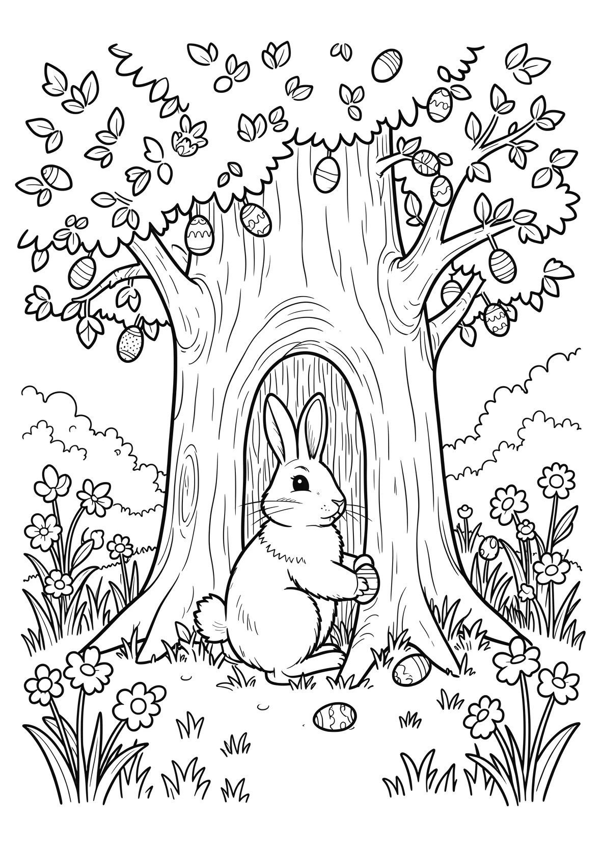 Ausmalbild Osterhase versteckt Eier hinter einem Baum im - Ausmalbild aus der Kategorie Feiertage - kostenlos ausdrucken