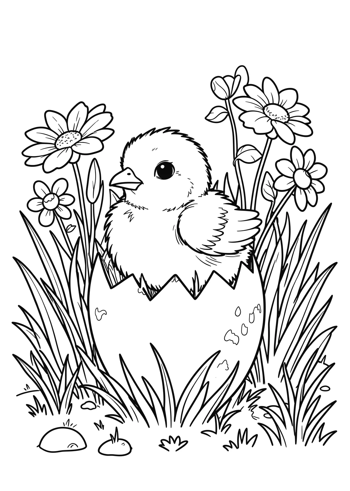 Ausmalbild Osterküken schlüpft aus einem Ei mit Blumen - Ausmalbild aus der Kategorie Tiere - kostenlos ausdrucken