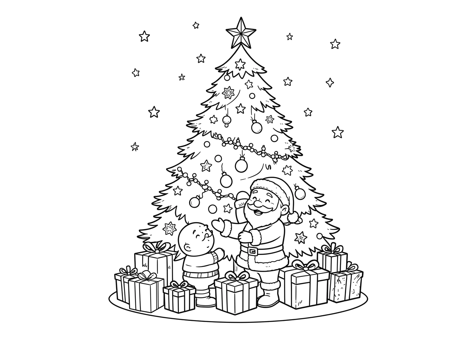 Ausmalbild Weihnachtsmann mit Geschenken vor einem - Ausmalbild aus der Kategorie Feiertage - kostenlos ausdrucken