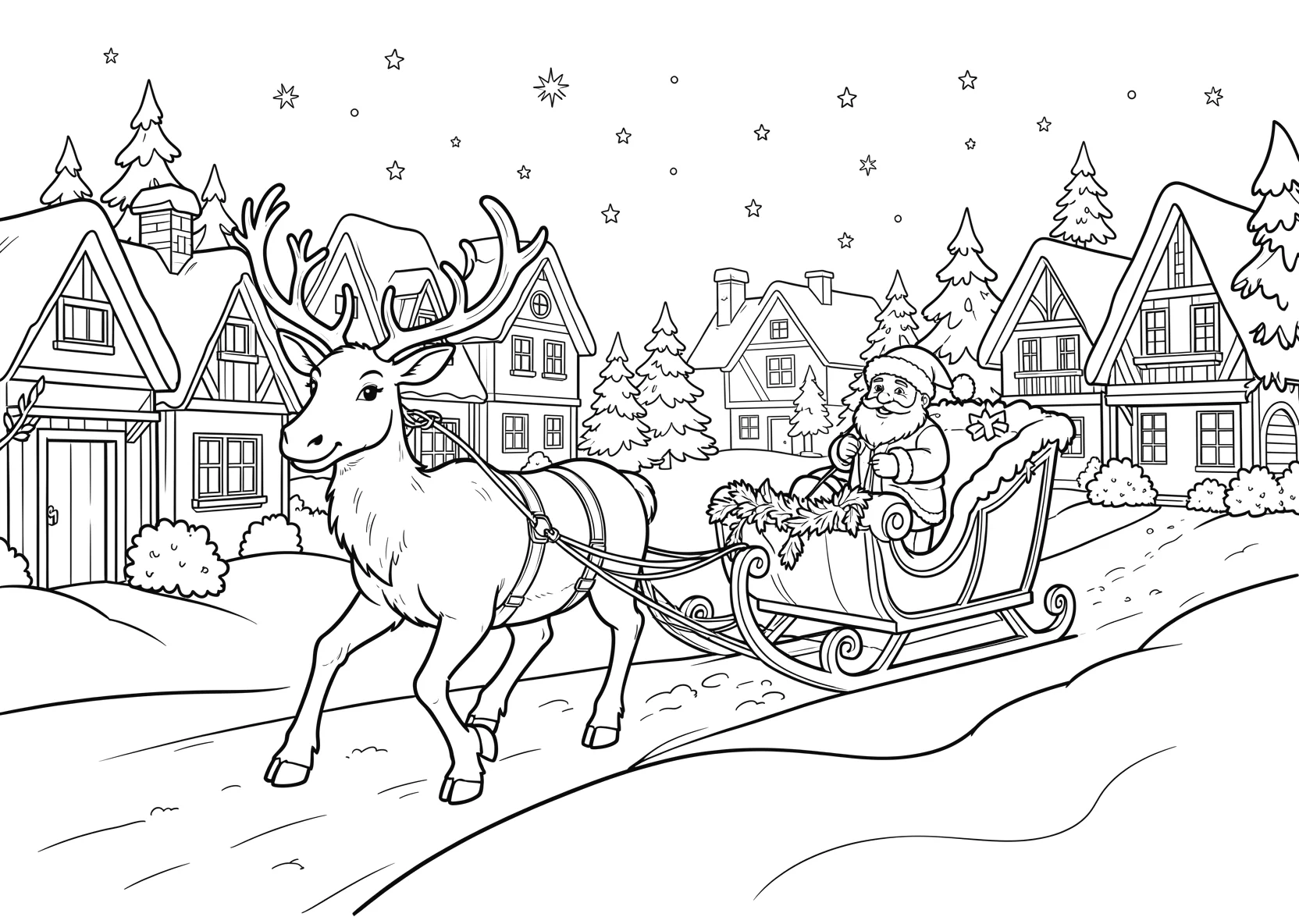 Ausmalbild Rentier zieht den Schlitten des Weihnachtsmanns - Ausmalbild aus der Kategorie Feiertage - kostenlos ausdrucken