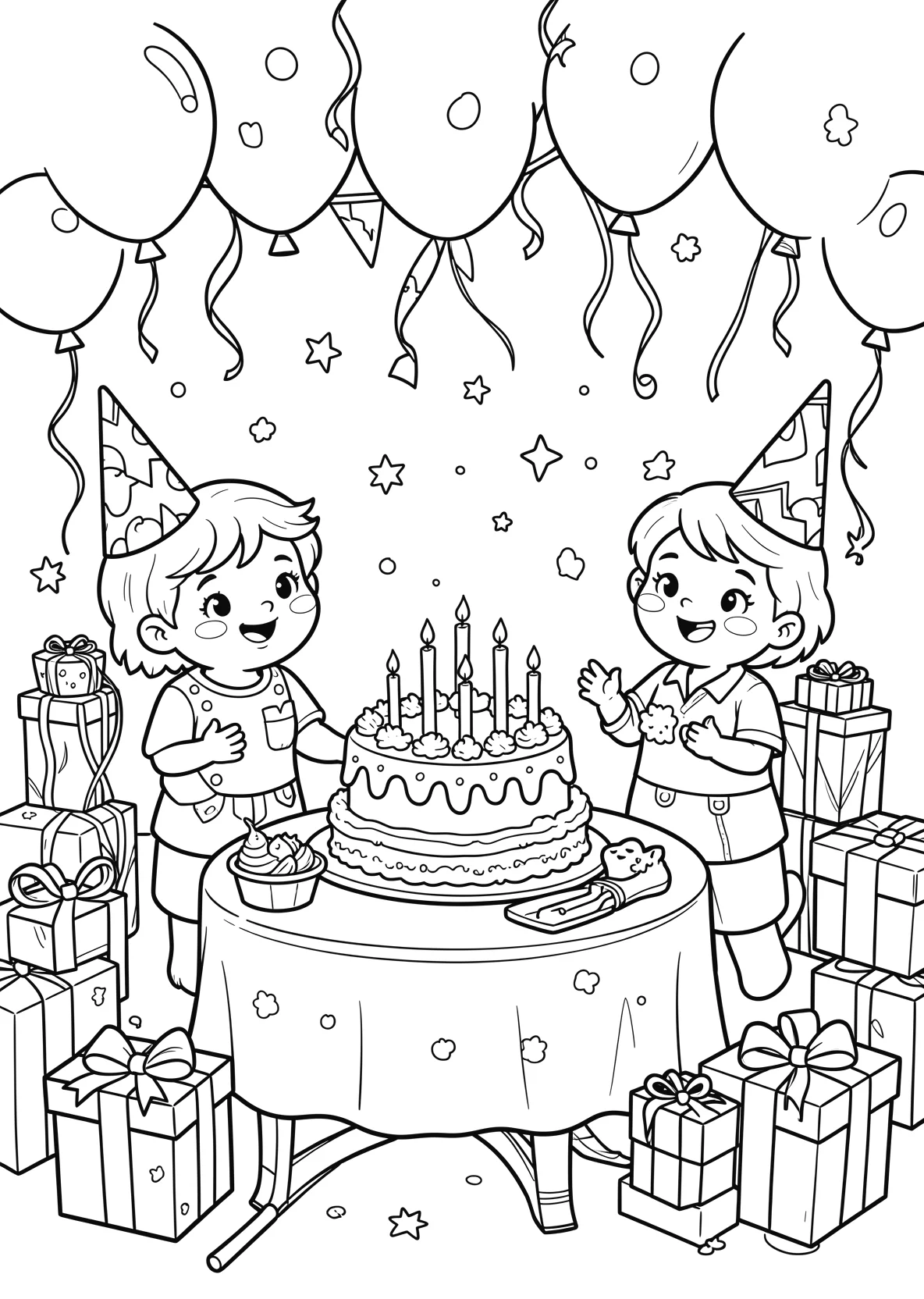 Ausmalbild Kinder feiern Geburtstag mit Kuchen - Ausmalbild aus der Kategorie Feiertage - kostenlos ausdrucken