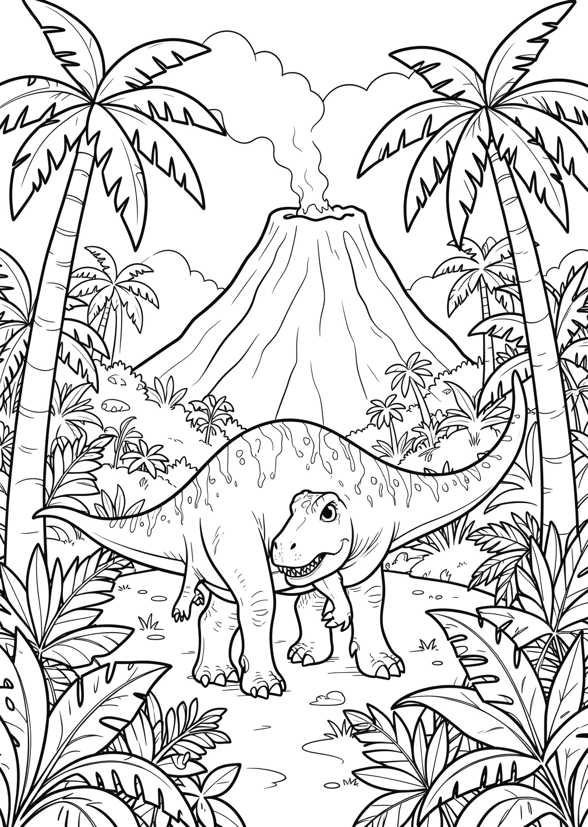Ausmalbild Dinosaurier im Dschungel mit Vulkan - Ausmalbild aus der Kategorie Tiere - kostenlos ausdrucken