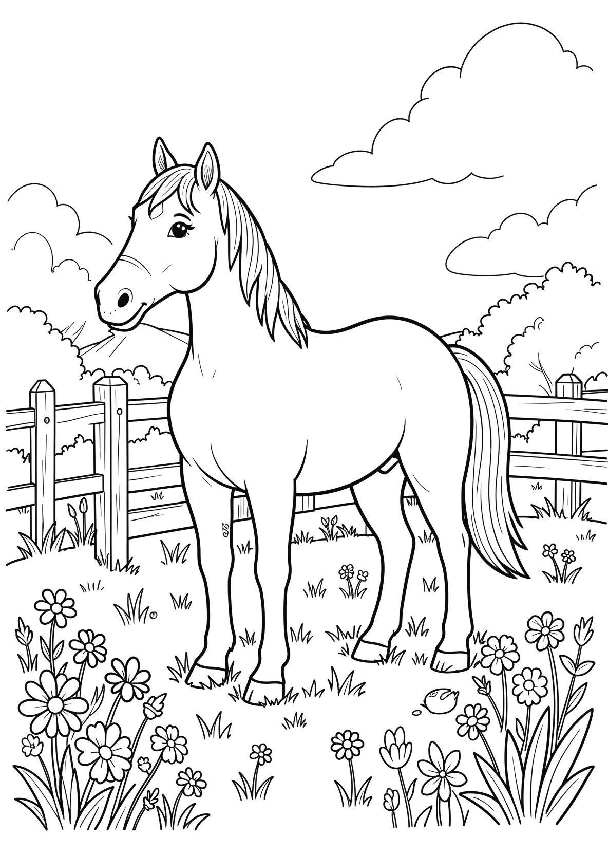 Ausmalbild Pferd auf einer Wiese mit Zaun und Blumen - Ausmalbild aus der Kategorie Tiere - kostenlos ausdrucken