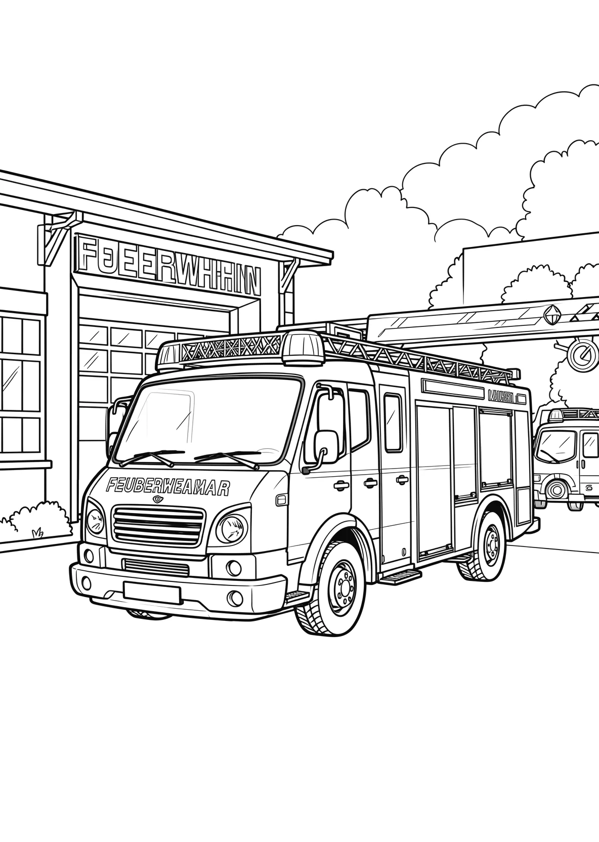 Ausmalbild Feuerwehrauto vor einer Feuerwehrstation - Ausmalbild aus der Kategorie Fahrzeuge - kostenlos ausdrucken